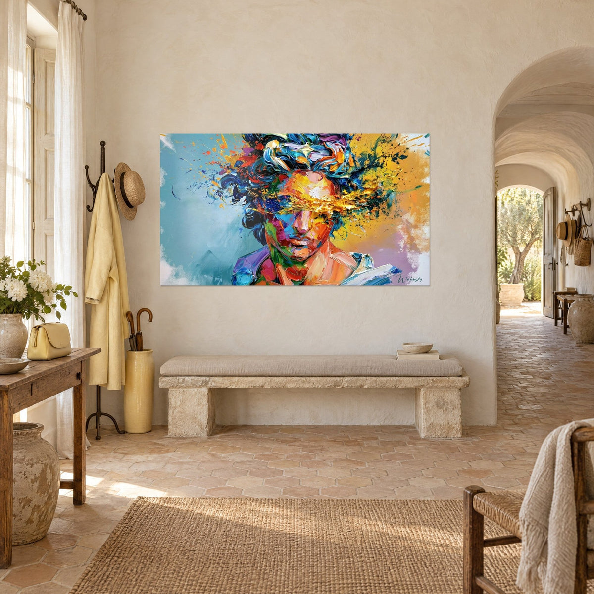Quadro con occhi bendati da una colata dorata, sfondo turchese e arancio, su un muro intonacato di un mas provenzale
