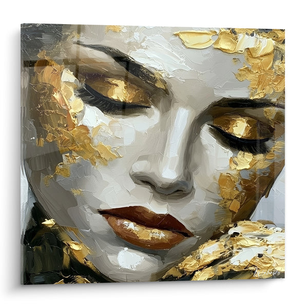 Tableau Visage blanc et doré aux paupières baissées - Lèvres brun cuivré - Edition Visage abstrait