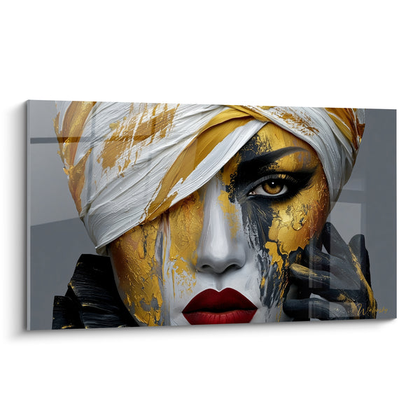 Tableau Visage doré au turban blanc et lèvres rouges - Éclat souverain - Edition Visage abstrait