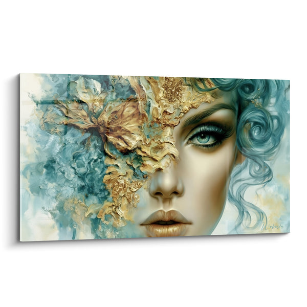 Tableau Visage doré aux volutes turquoise - Émergence silencieuse - Edition Visage abstrait