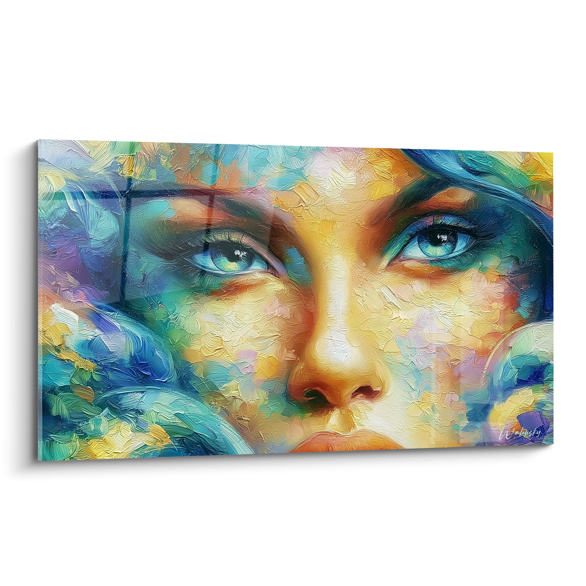 Visage abstrait aux yeux bleu turquoise et peau dorée, texture peinte à la spatule empâtée