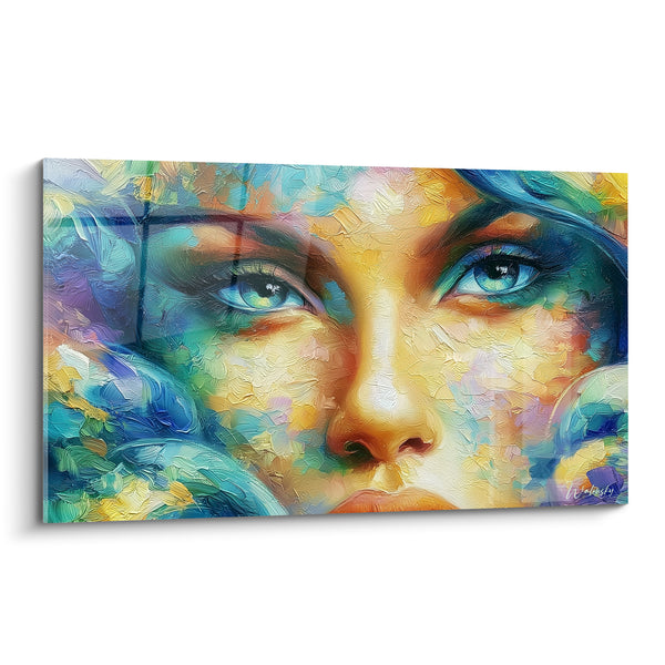 Tableau Visage turquoise et ocre aux plumes mosaïquées - Yeux bleu clair intenses - Edition Visage abstrait