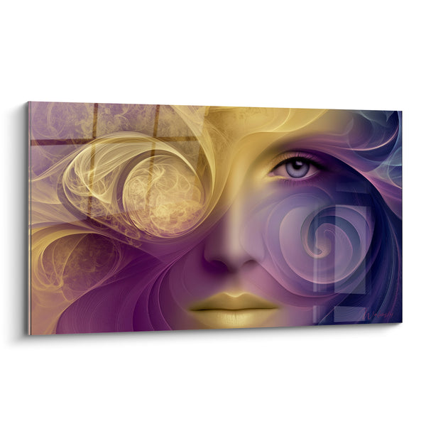 Tableau Visage violet et doré aux volutes tourbillonnantes - Œil bleu perçant - Edition Visage abstrait