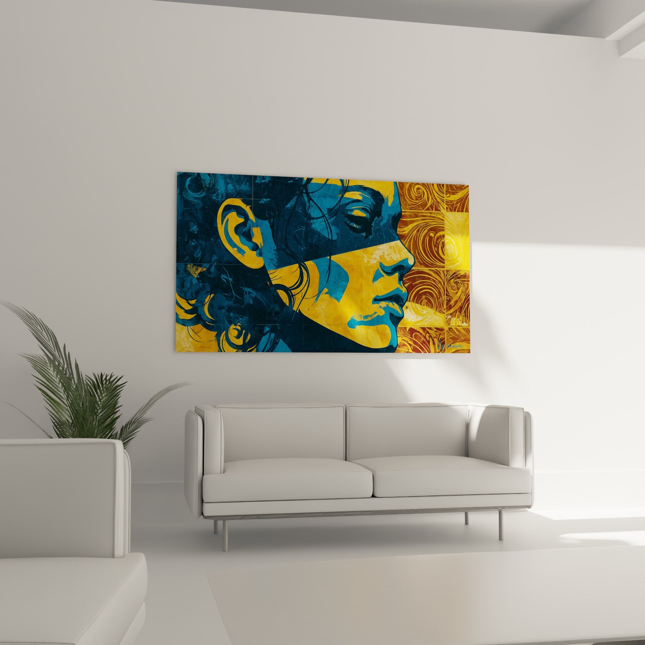 Portrait graphique doré et bleu marine aux traits nets suspendu au-dessus d'un canapé dans un salon lumineux