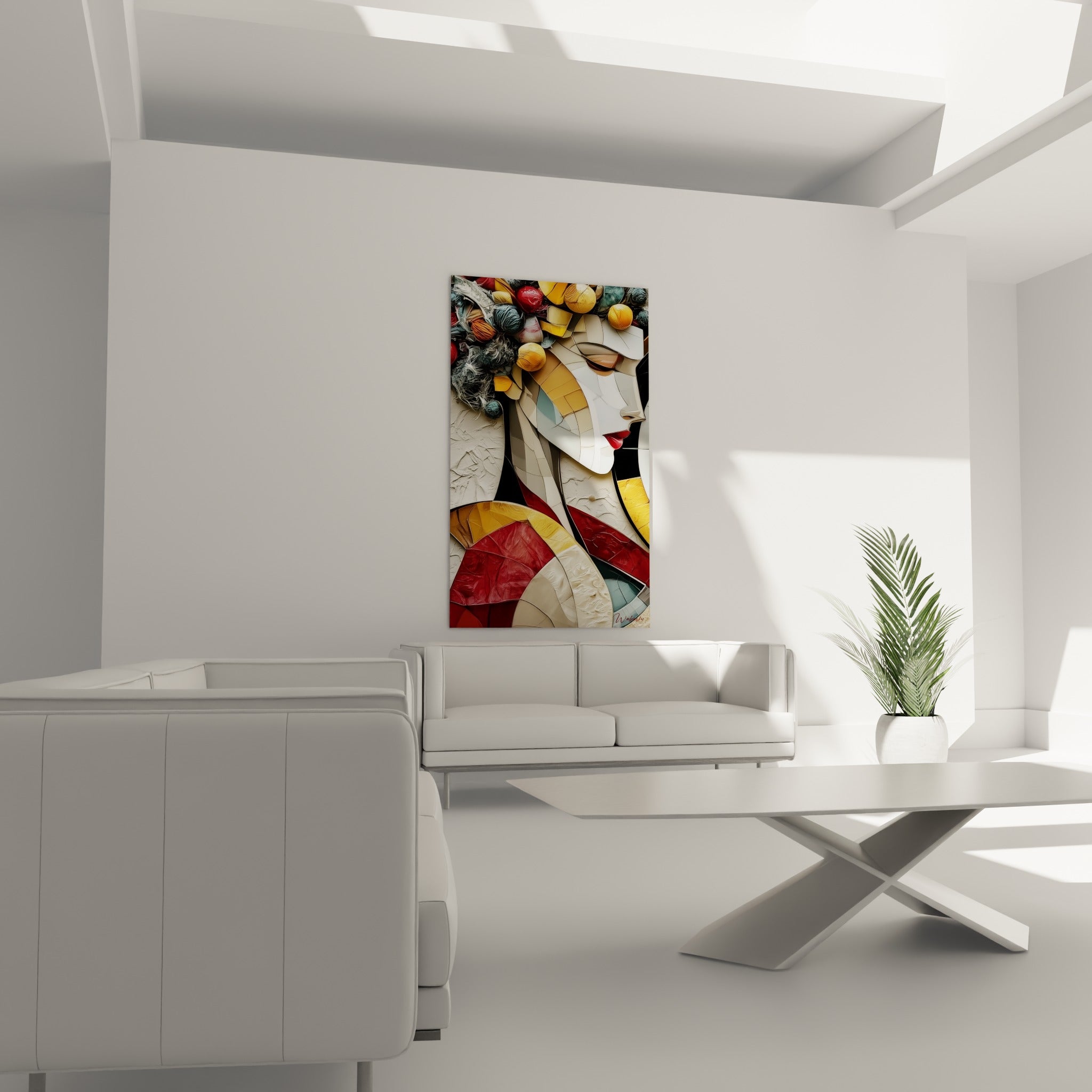 Composition cubiste du visage abstrait aux teintes bordeaux et anthracite, au-dessus d'un canapé dans un salon lumineux