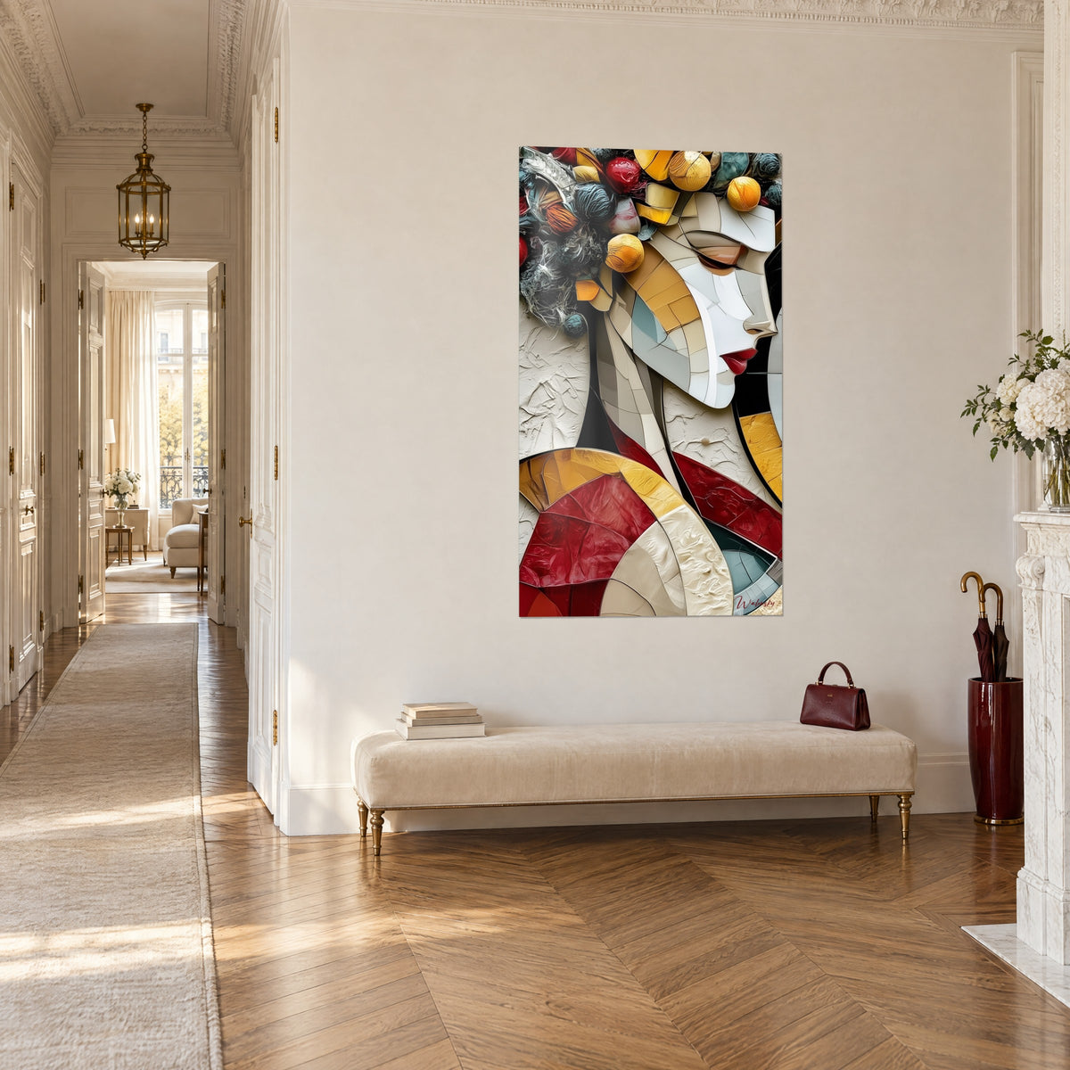 Wall art cubist portrait in ivory and carmine shards, hair of grey and ochre yarn balls, Haussmann-style parquet hallway