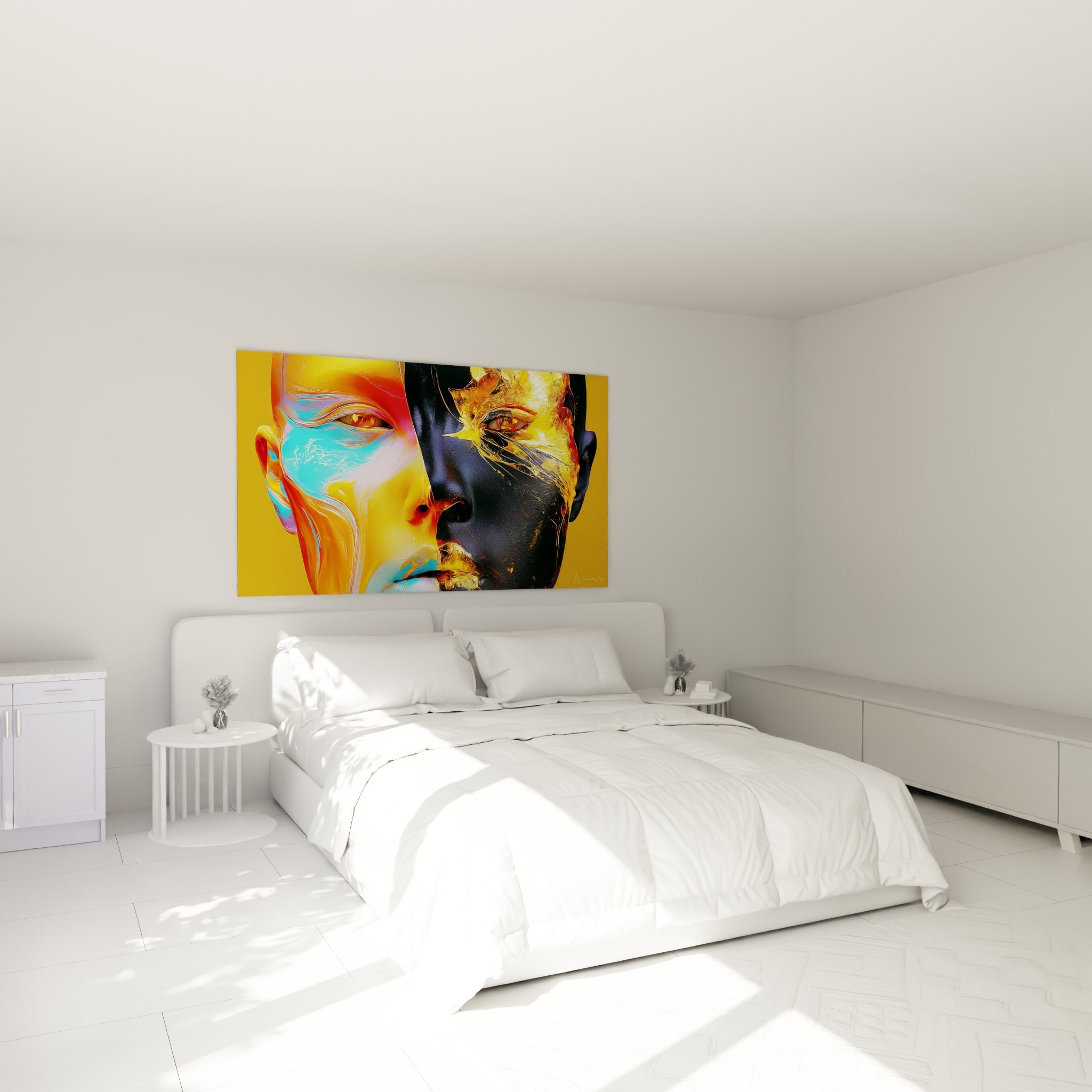 Deux moitiés d'un même visage, jaune turquoise et noir doré, accrochées au-dessus d'un lit dans une chambre claire