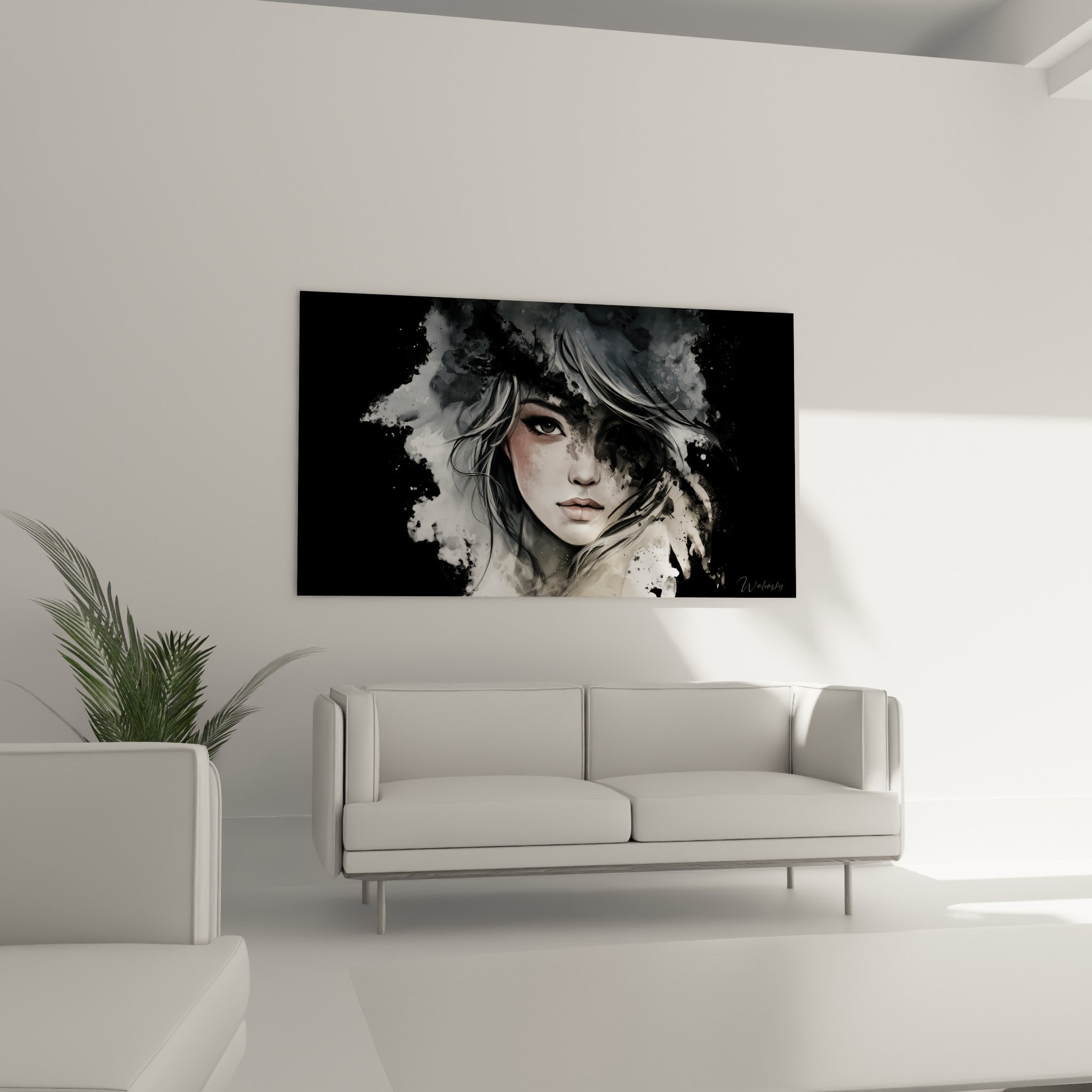 Portrait au traitement anthracite et blanc d'un visage abstrait mystérieux, placé au-dessus d'un canapé dans un salon lumineux