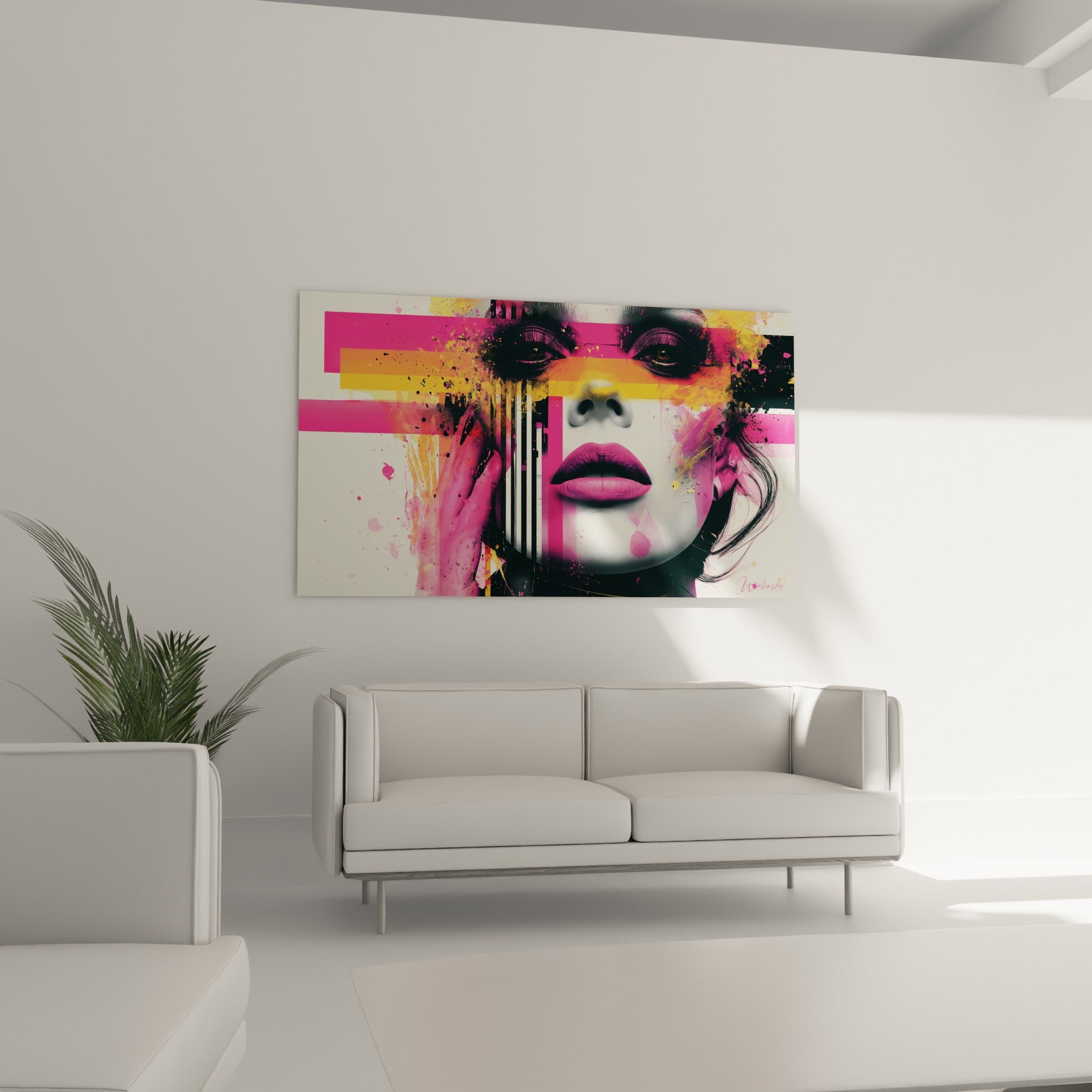 Bouche magenta et éclaboussures dorées sur fond crème, au-dessus d'un canapé dans un salon lumineux.