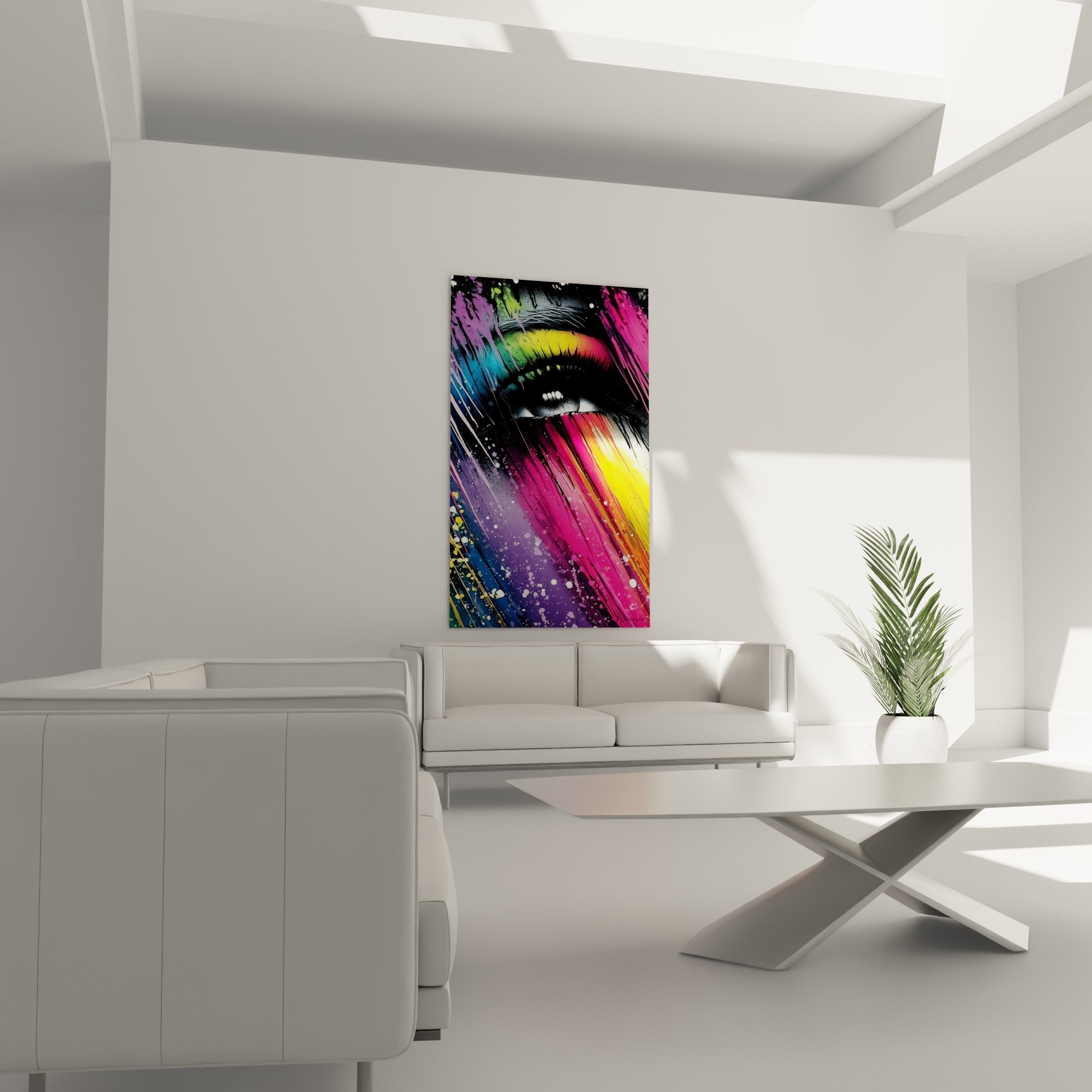 Éclaboussures fuchsia et jaunes sur ce visage abstrait, accroché au-dessus d'un canapé dans un salon lumineux