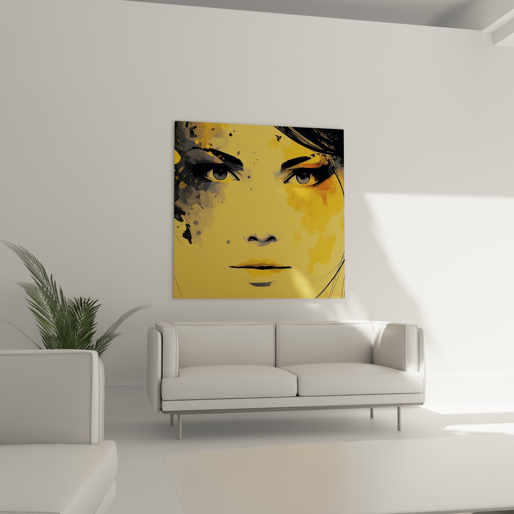 Portrait abstrait doré et anthracite au-dessus d'un canapé dans un salon lumineux, expression captivante