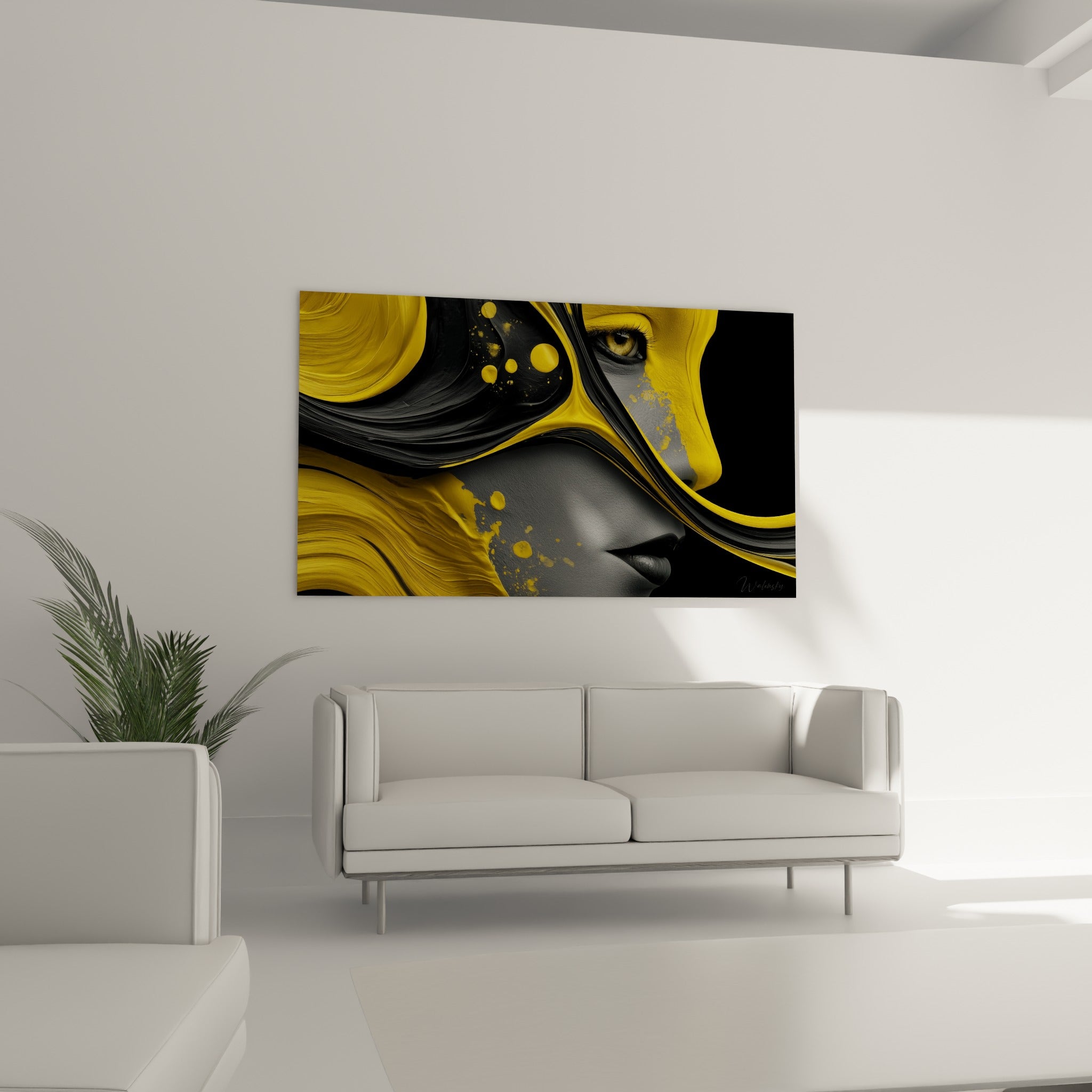 Visage abstrait anthracite aux mèches jaune vif et gouttelettes dorées, au-dessus d'un canapé dans un salon lumineux