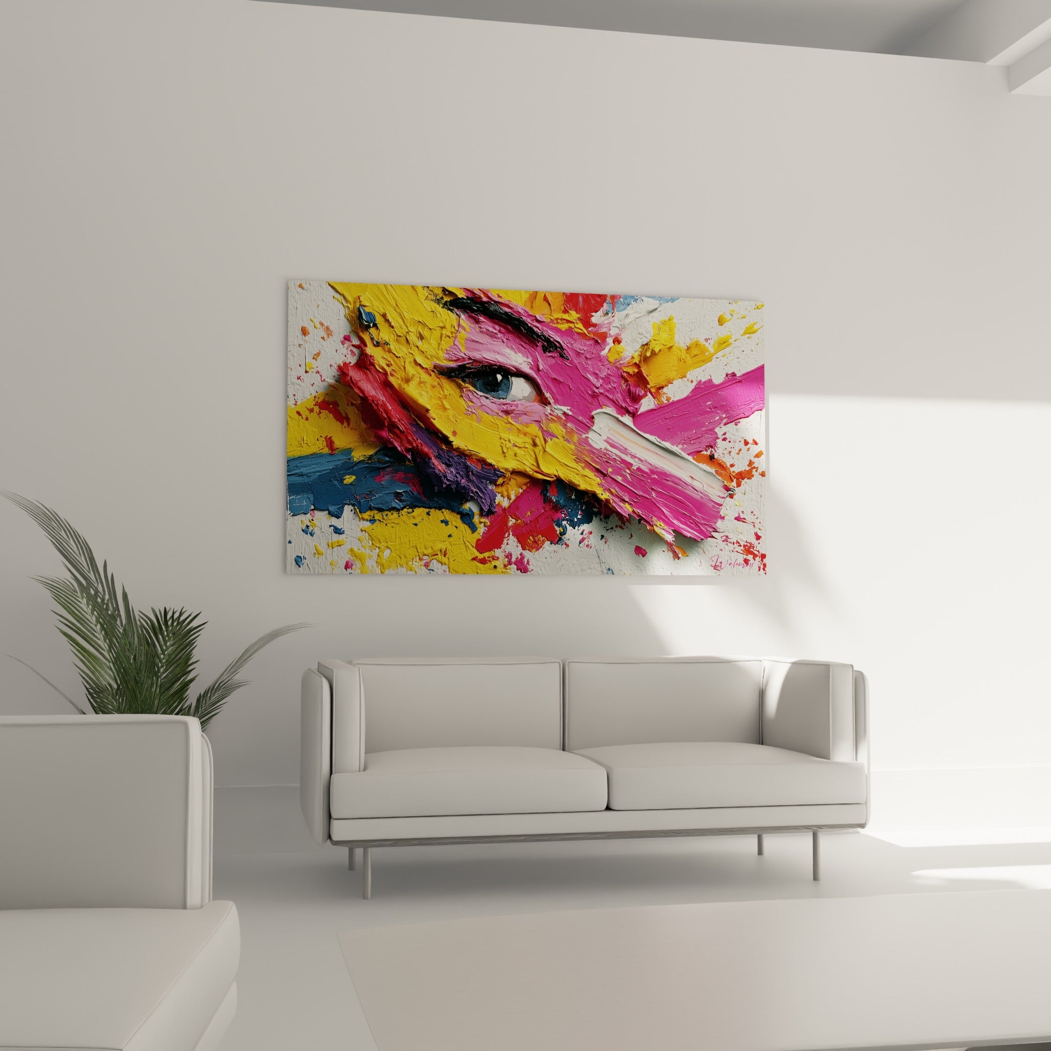 Visage abstrait aux coulées fuchsia et dorées, œil bleu perçant, au-dessus d'un canapé dans un salon lumineux