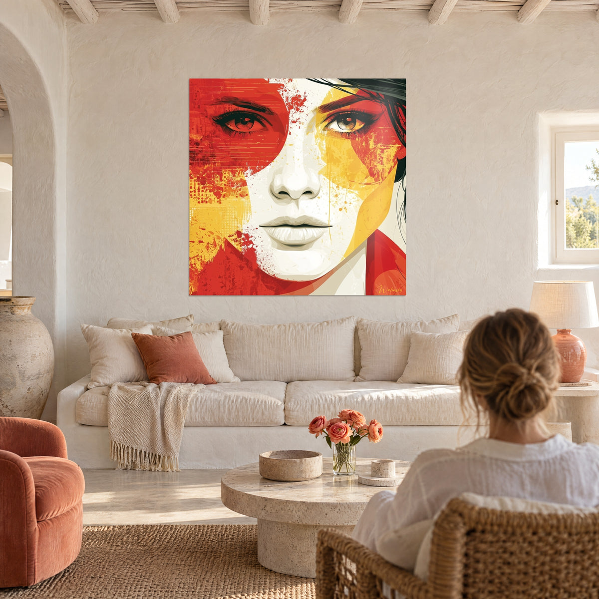 Schilderij vrouwenportret in scharlaken en saffraan, intense blik, boven een bank in een lichte woonkamer