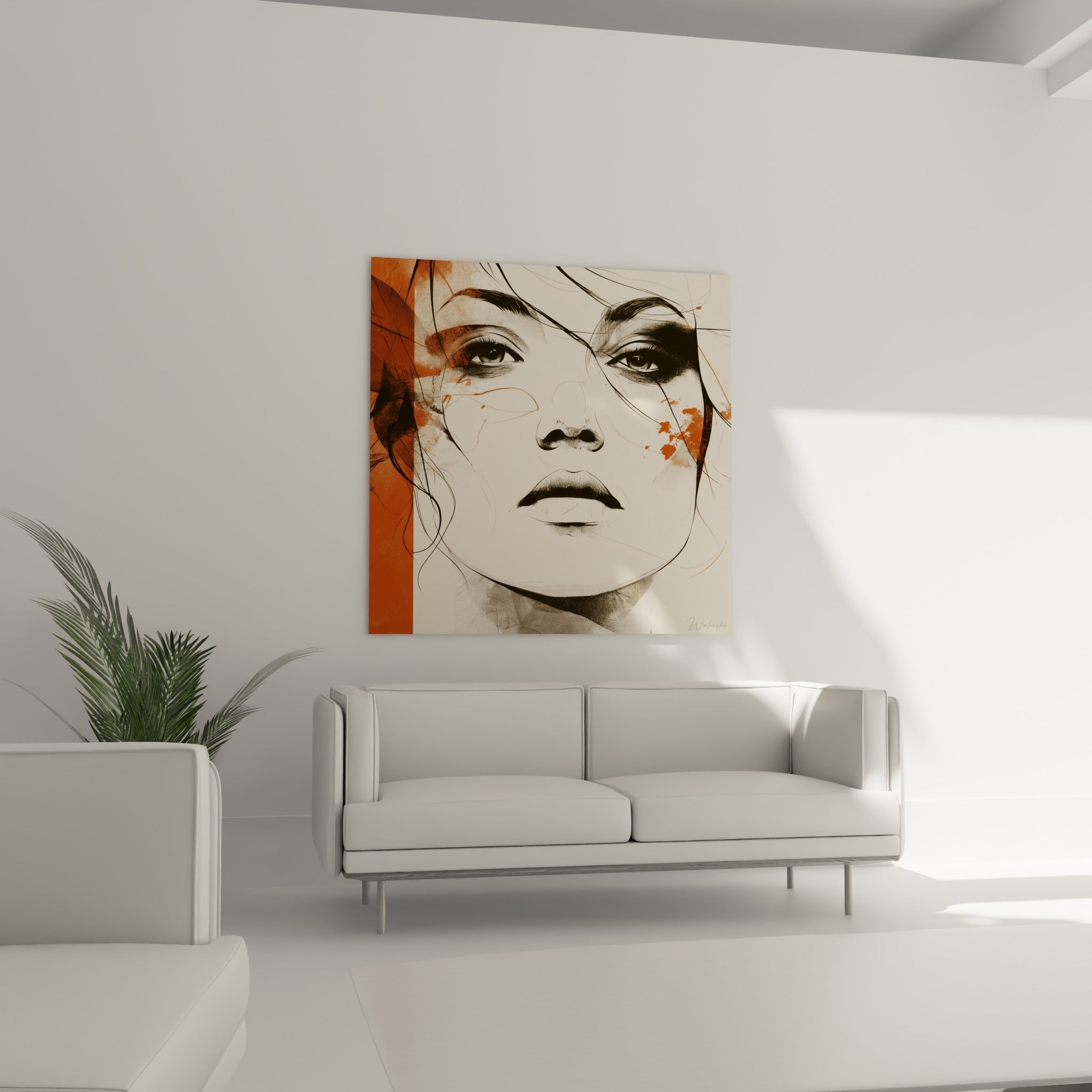 Visage abstrait aux mèches graphiques et éclaboussures ocre, au-dessus d'un canapé dans un salon lumineux