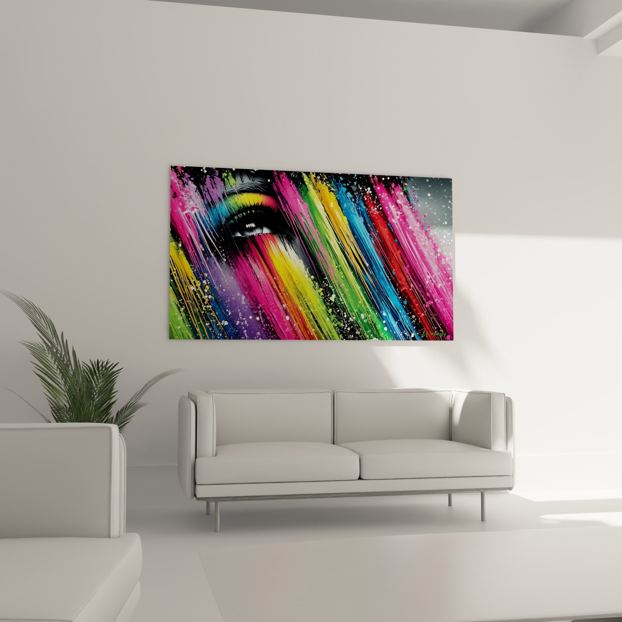 Éclaboussures multicolores encadrant un œil graphique, tableau visage abstrait au-dessus d'un canapé dans un salon lumineux