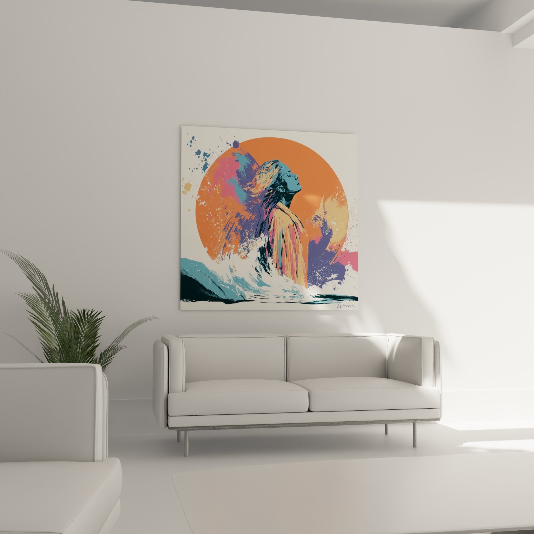 Portrait bleu marine et orange traversé d'une vague écumante, au-dessus d'un canapé dans un salon lumineux
