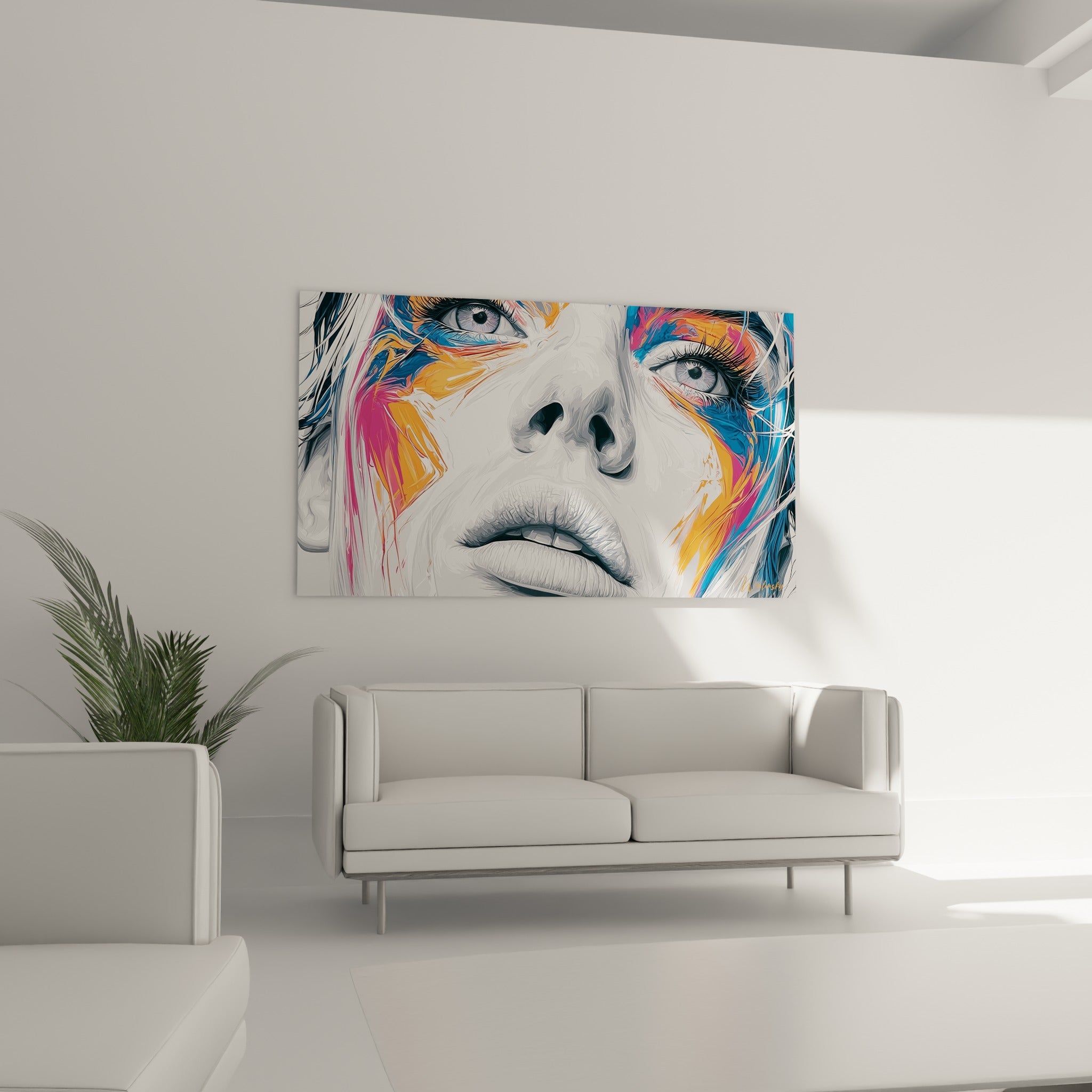Portrait graphite aux éclaboussures bleu marine et fuchsia autour des yeux, au-dessus d'un canapé dans un salon lumineux.