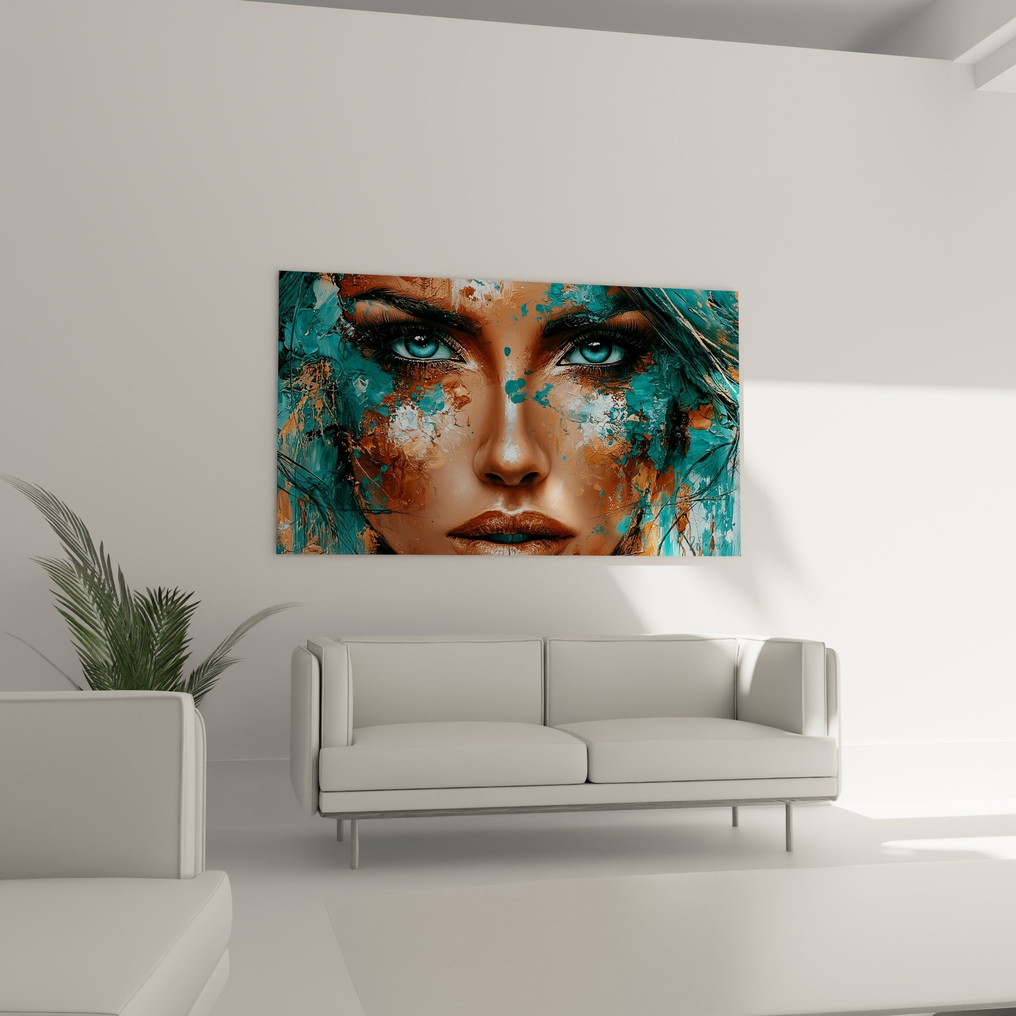 Portrait fragmenté du Visage abstrait aux tons cuivre et bleu pastel, placé au-dessus d'un canapé dans un salon lumineux