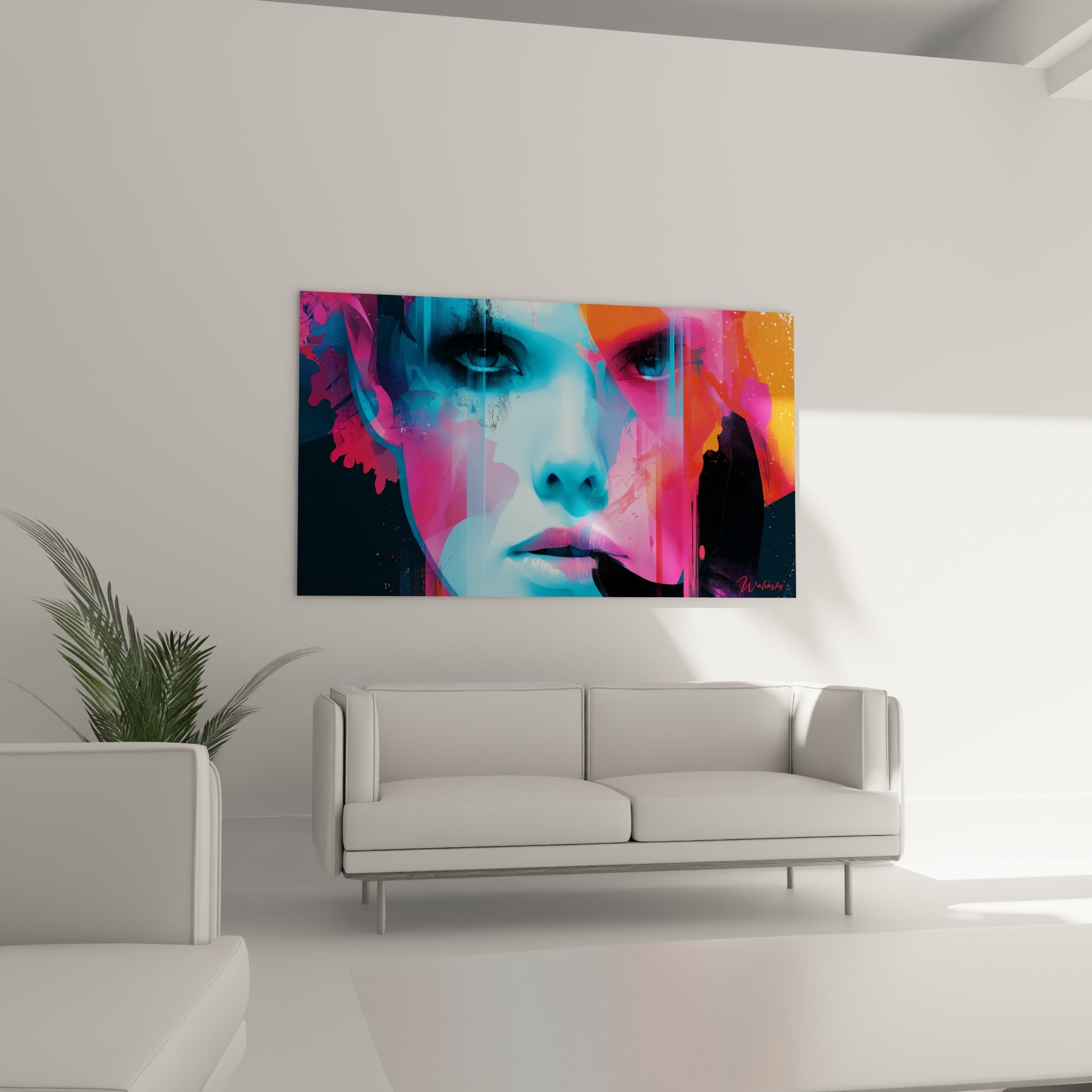 Regard dédoublé en bleu cyan et rose fuchsia du visage abstrait, au-dessus d'un canapé dans un salon lumineux
