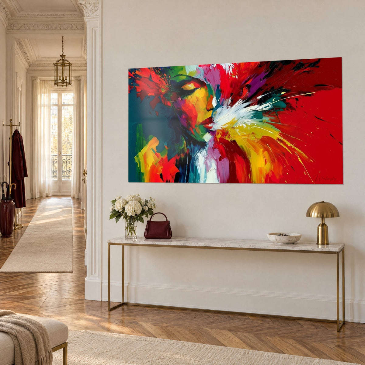 Wall art palette-knife portrait, ochre and green cheek, white and red burst, on the wall of a Haussmann-style hallway