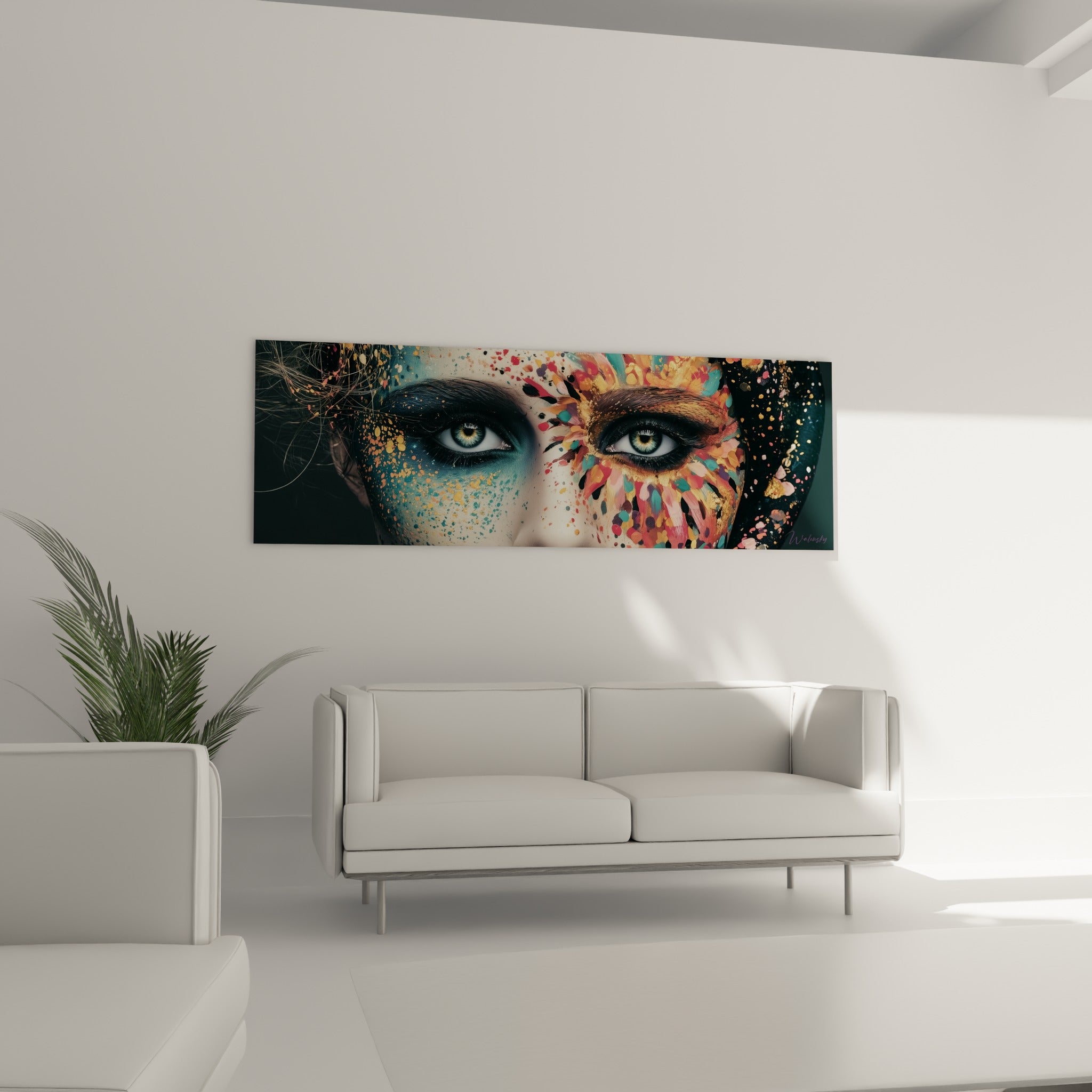 Portrait éclaté du visage abstrait, tons corail et ocre, au-dessus d'un canapé dans un salon lumineux