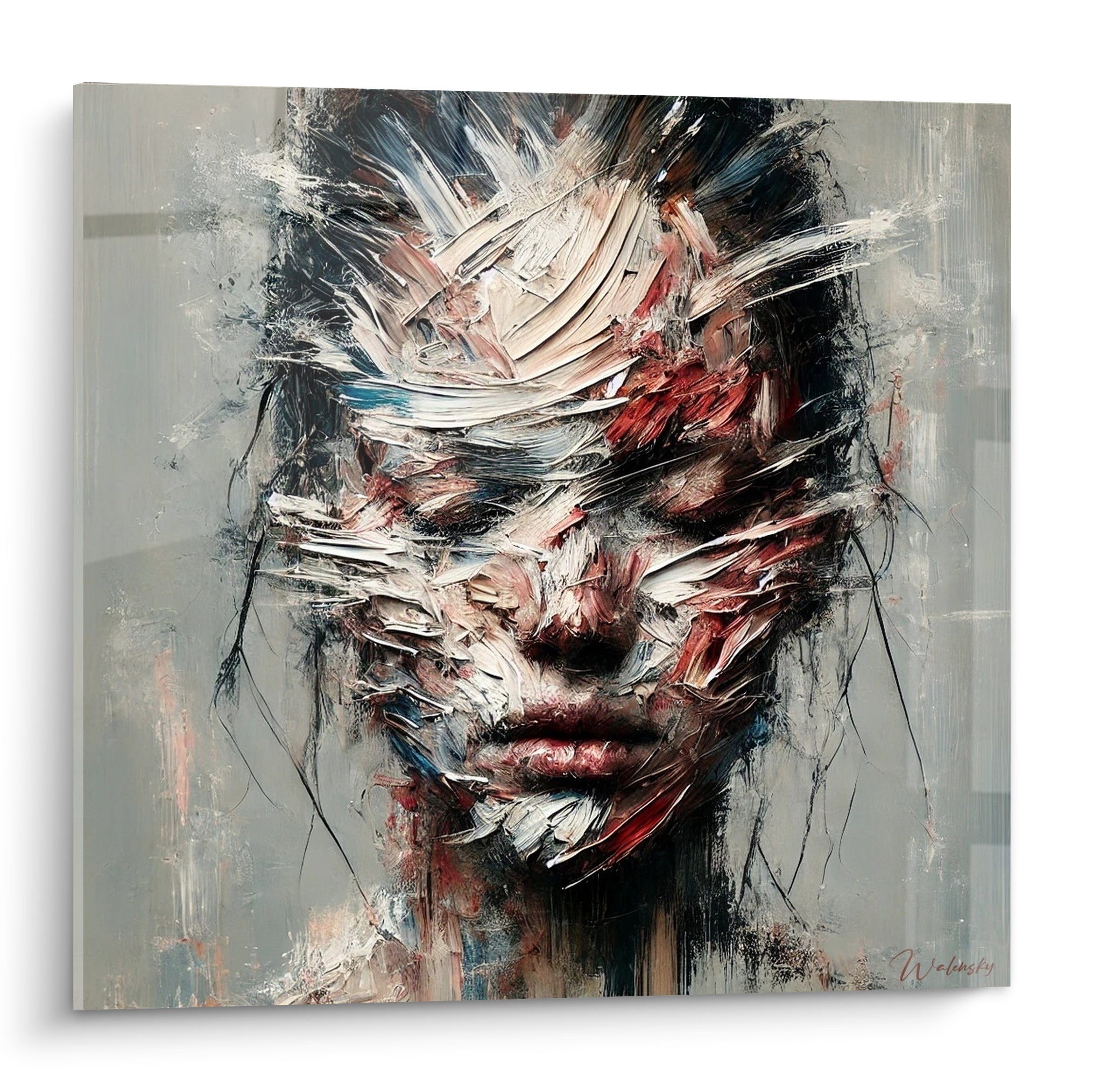 Visage abstrait aux empâtements blancs et rouges sur fond gris anthracite texturé
