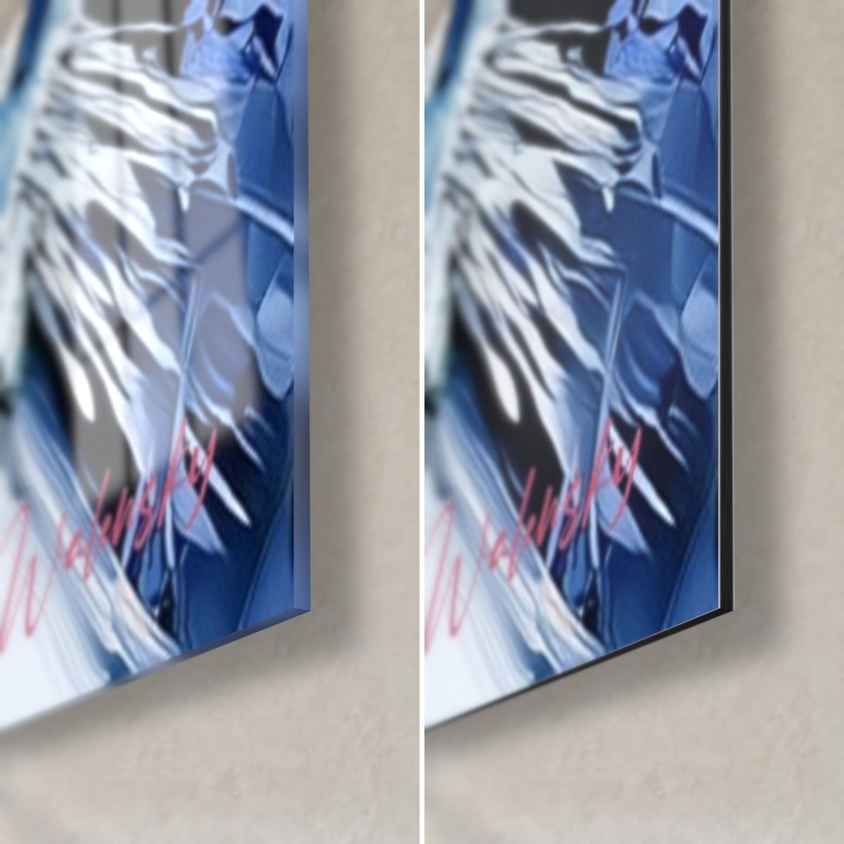 Wall art painted face, bottom right corner: glossy acrylic glass with navy blue reflections, matte greige aluminium Dibond, 3 mm edge