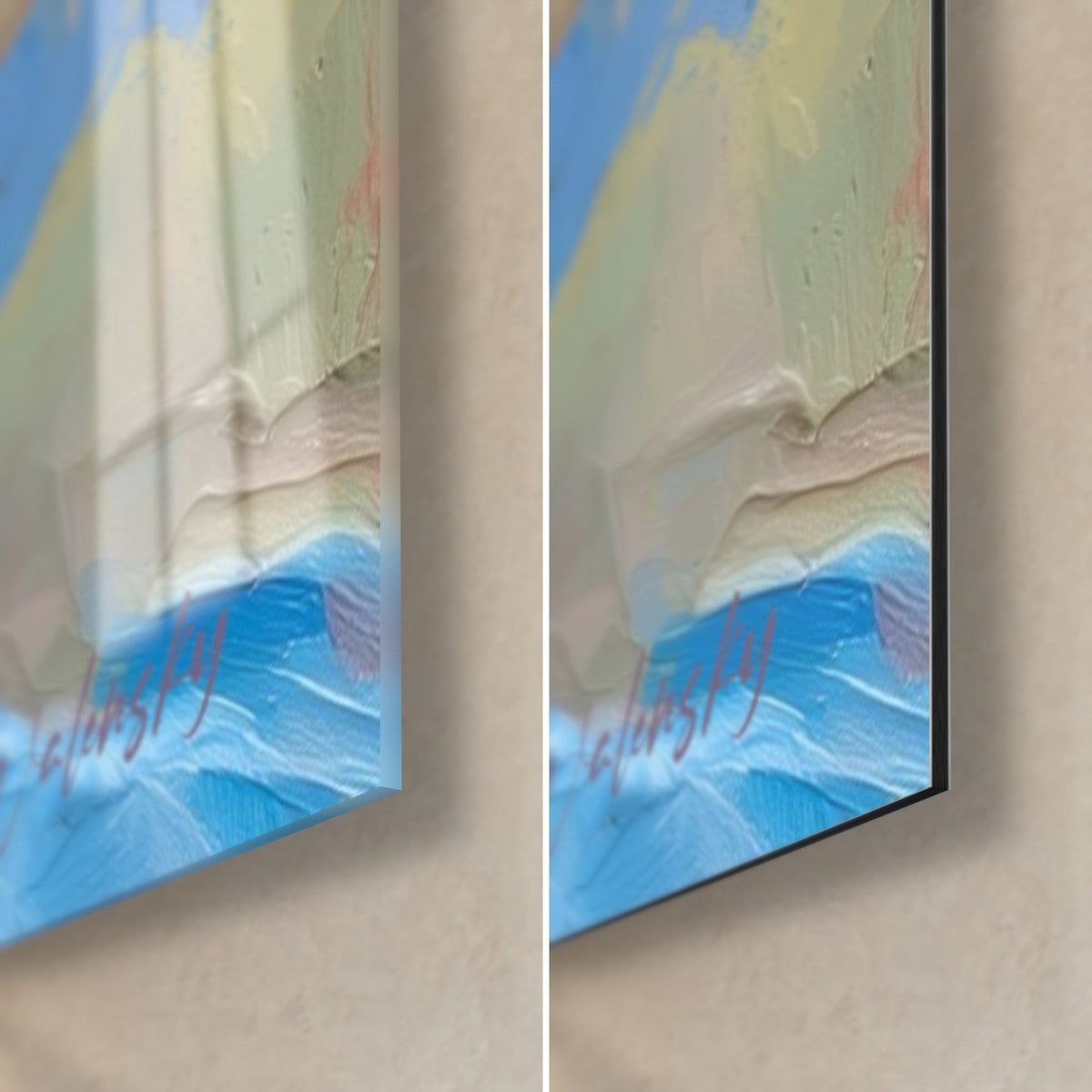 Gemälde Gesicht aus blauen und rosa Spritzern, untere rechte Ecke: glänzendes Acrylglas links, mattes Dibond rechts