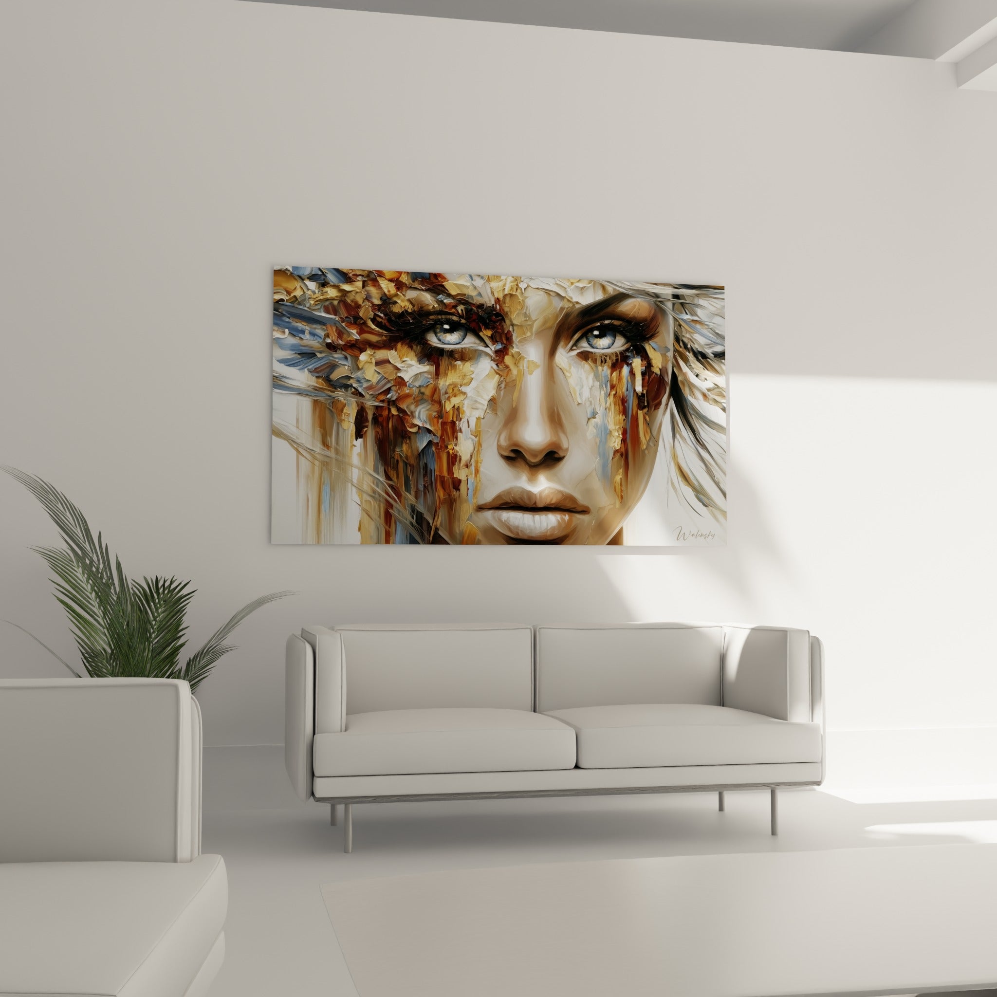 Empâtements ocre et bleu ardoise du visage abstrait au-dessus d'un canapé dans un salon lumineux