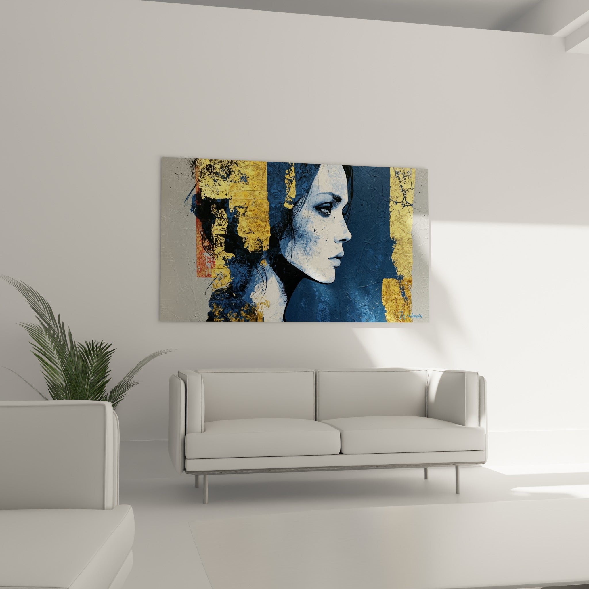 Portrait bleu et or du visage abstrait, empâtements dorés patinés, au-dessus d'un canapé dans un salon lumineux