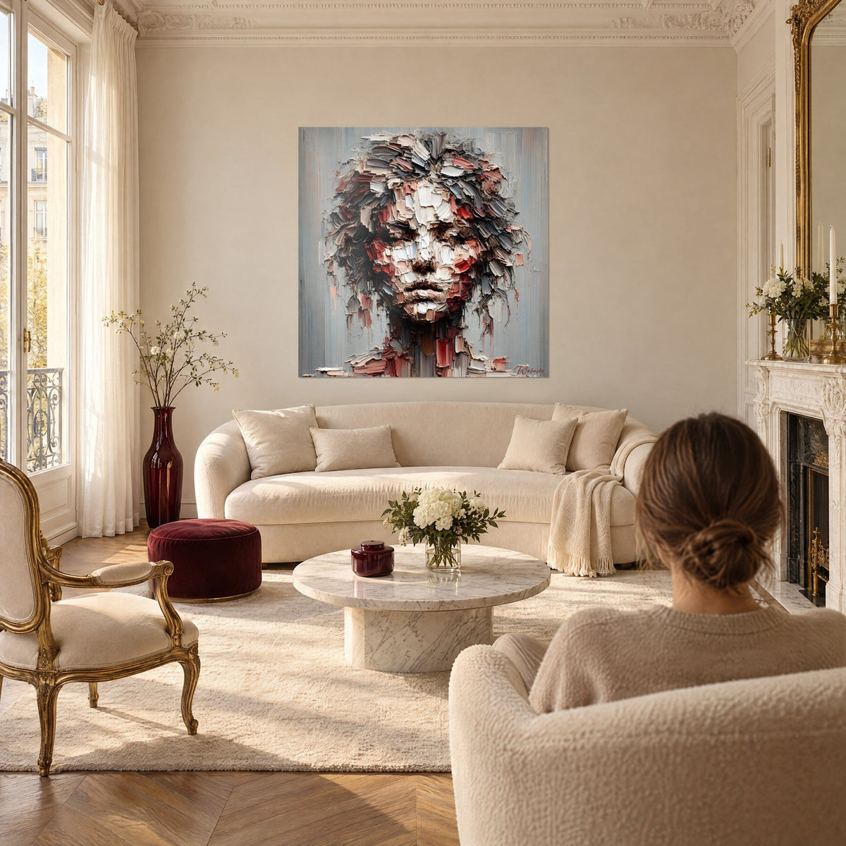 Gemälde Skulptur-Gesicht in dicker grauer und terrakottafarbener Paste, Frau von hinten, über einem Sofa in einem hellen Wohnzimmer