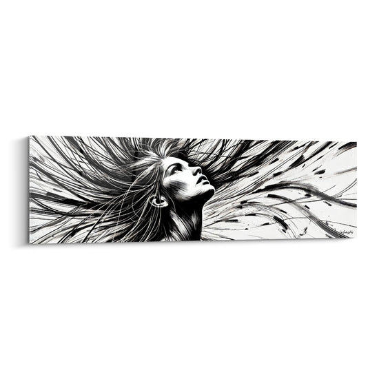 Tableau Visage noir et blanc chevelure éclatée en filaments - Boucle d'oreille visible - Edition Visage asbtrait