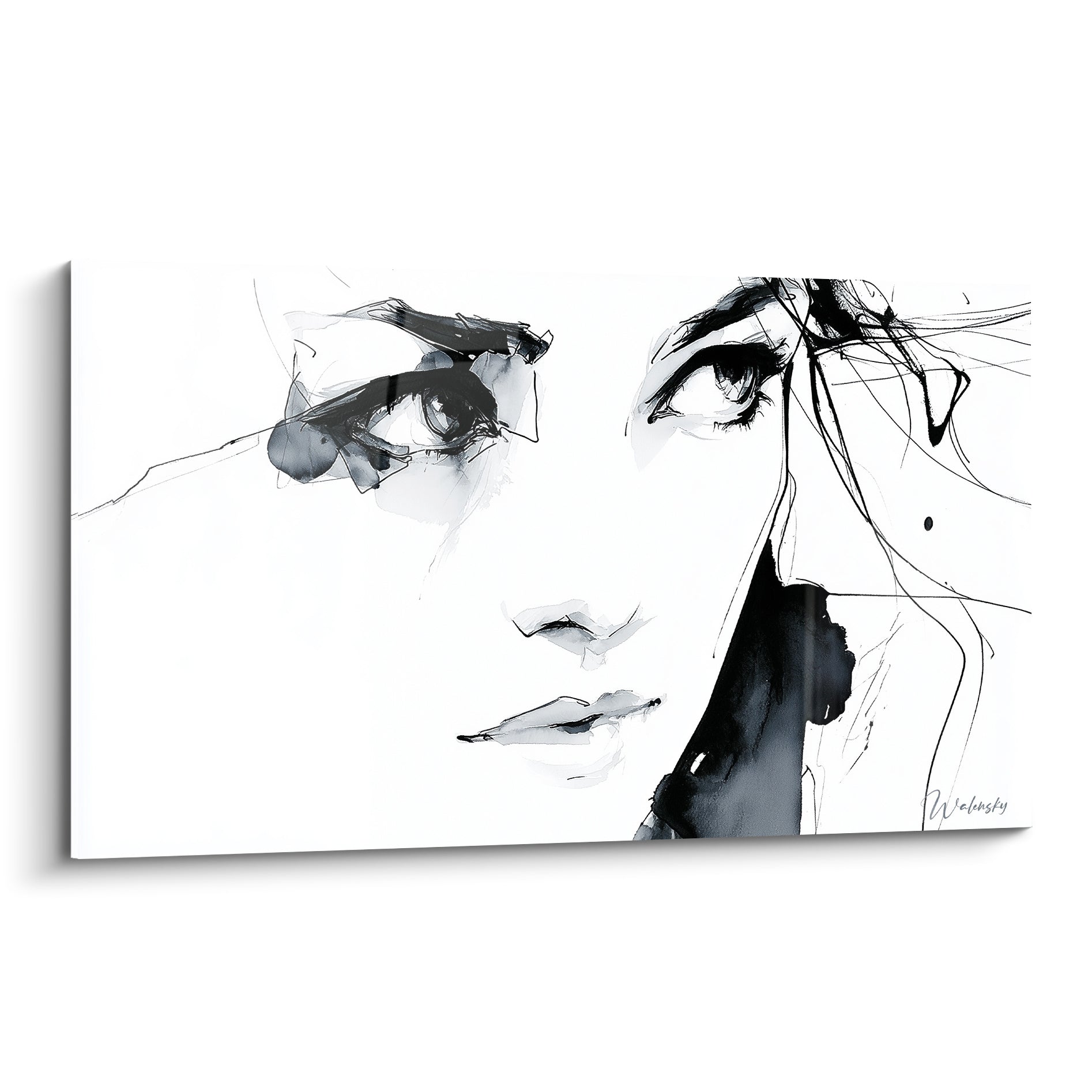 Visage abstrait esquissé en noir et blanc, regard entrouvert, traits d'encre fins sur fond immaculé