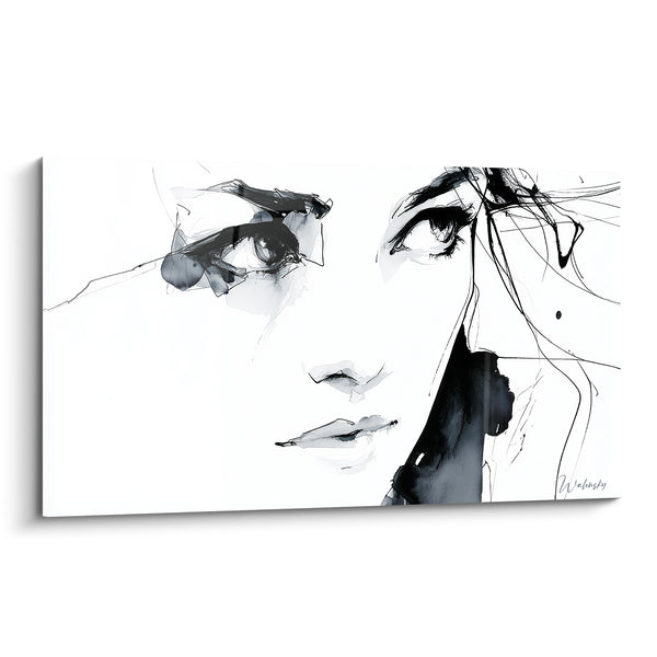 Tableau Visage noir et blanc aux traits esquissés - Encre à main levée - Edition Visage abstrait
