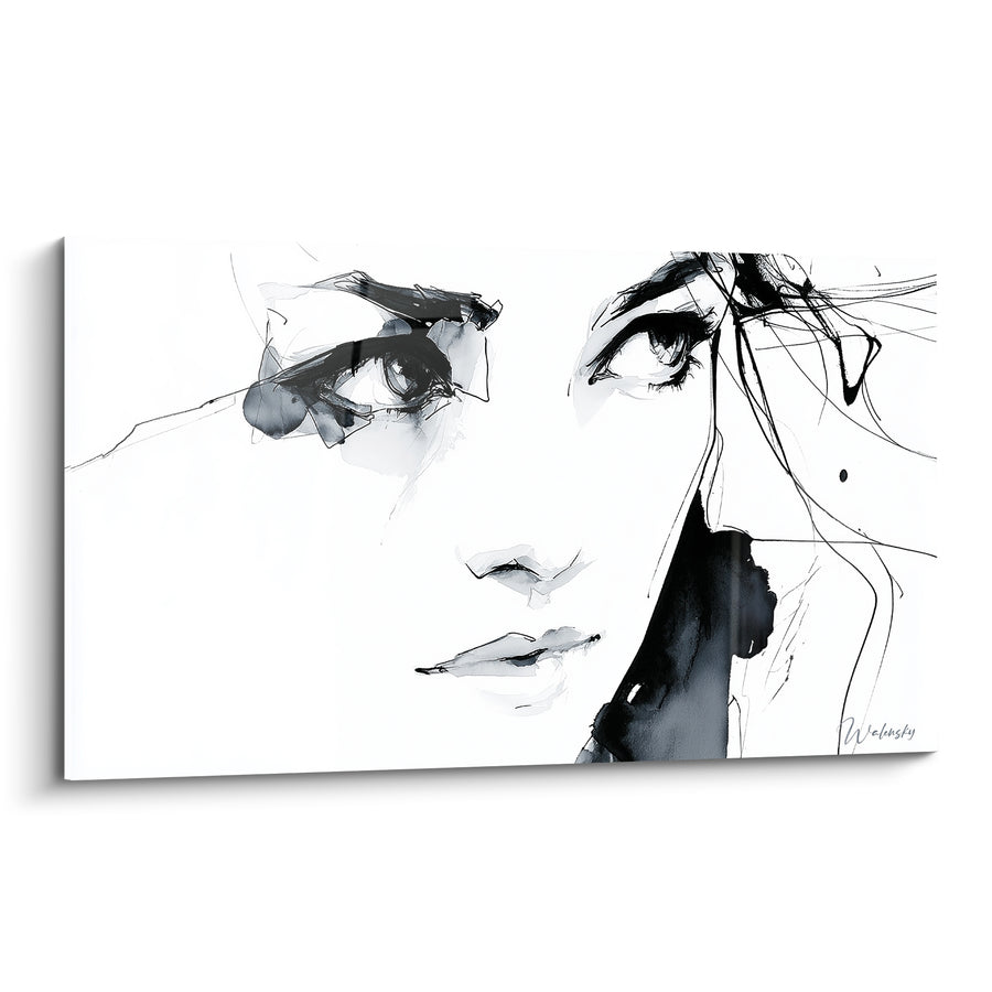 Tableau Visage noir et blanc aux traits esquissés - Encre à main levée - Edition Visage abstrait