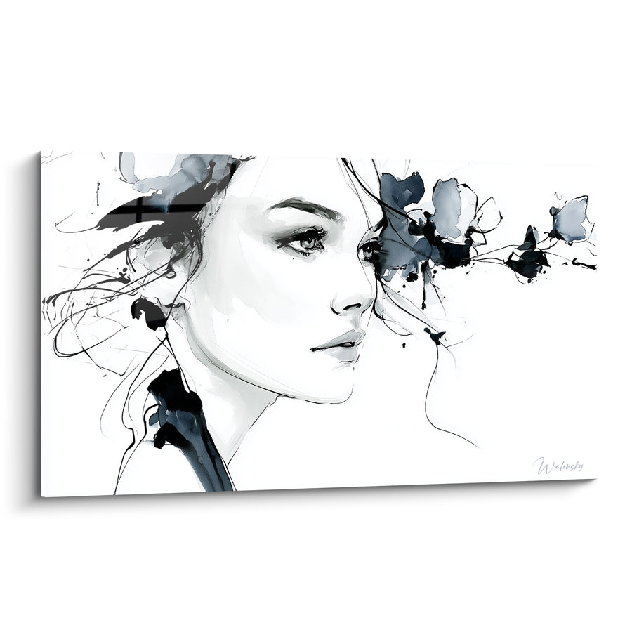 Tableau Portrait féminin noir et blanc à l'encre - Rêverie suspendue - Edition Visage abstrait