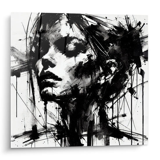 Visage aux yeux clos peint en encre noire et blanche, coulures expressives sur fond clair épuré