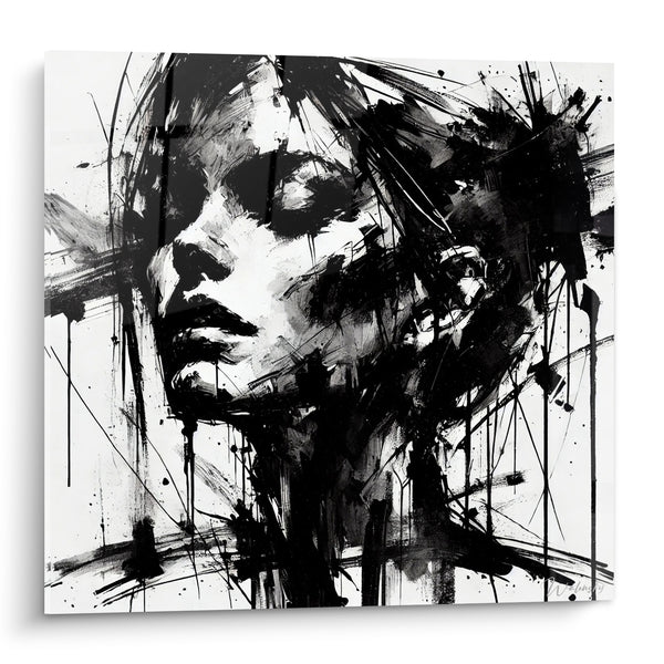 Tableau Visage encre noire coulures expressives - Silence intérieur - Edition Visage asbtrait