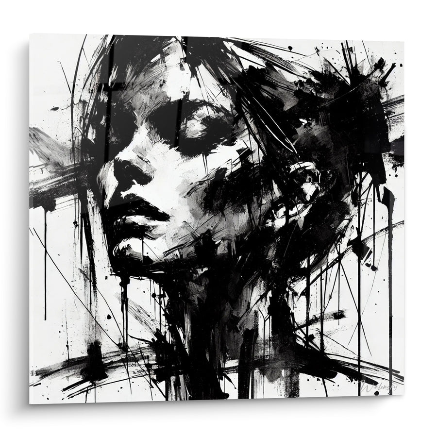 Tableau Visage encre noire coulures expressives - Silence intérieur - Edition Visage asbtrait