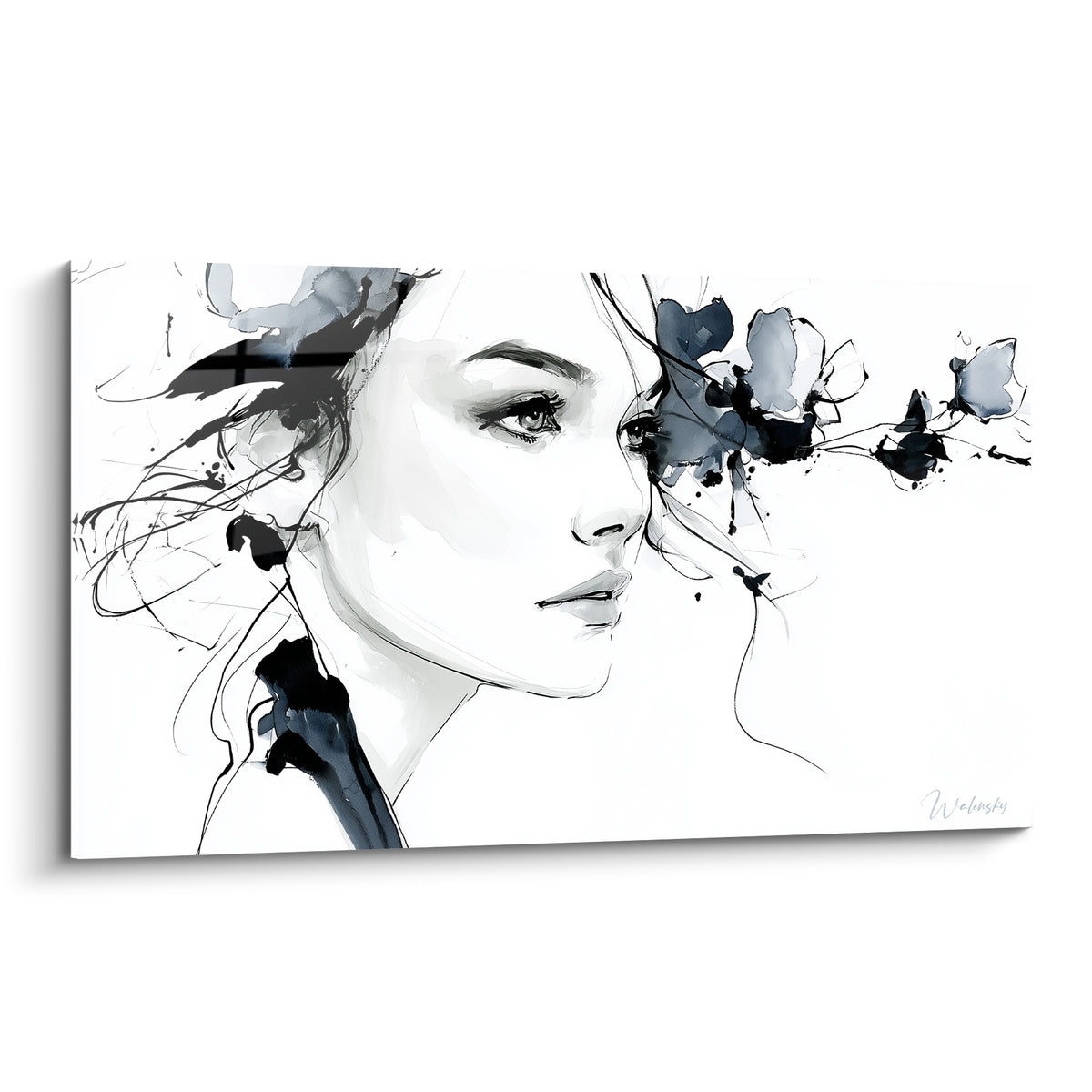 Visage abstrait de profil en encre noire et blanche, fleurs anthracite entourant le regard clair