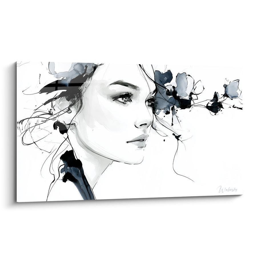 Tableau Portrait féminin blanc et noir aux fleurs d'encre - Esquisse à l'aquarelle - Edition Visage abstrait