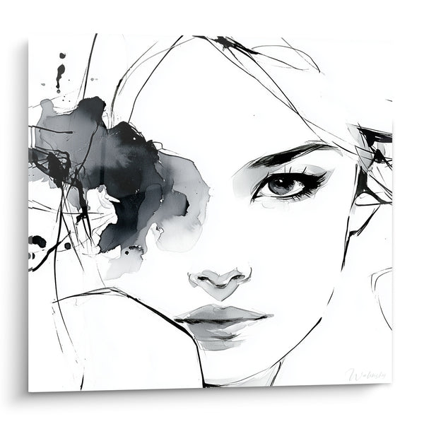 Tableau Visage féminin encre noire et blanche - Regard voilé - Edition Visage abstrait
