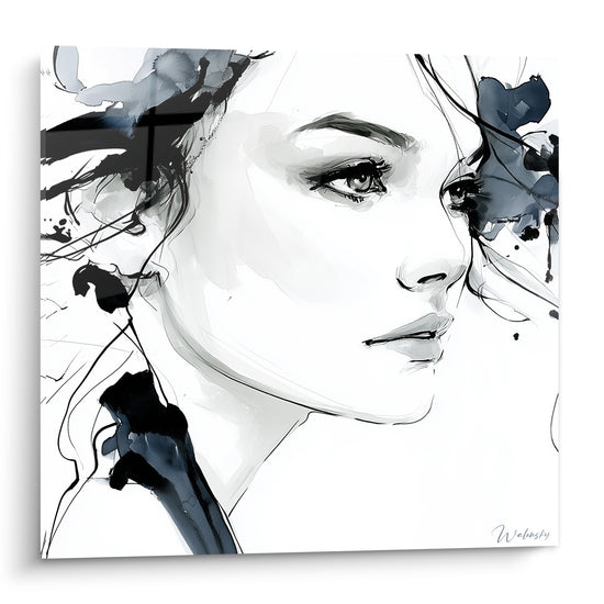 Visage abstrait de profil, encre noire et bleu ardoise, traits fins sur fond blanc immaculé