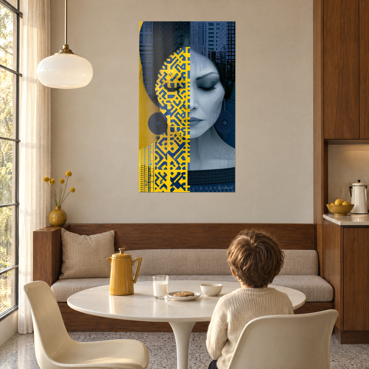 Tableau profil serein au demi-visage jaune labyrinthe et gris pâle, un enfant de dos à table sous la grande fenêtre