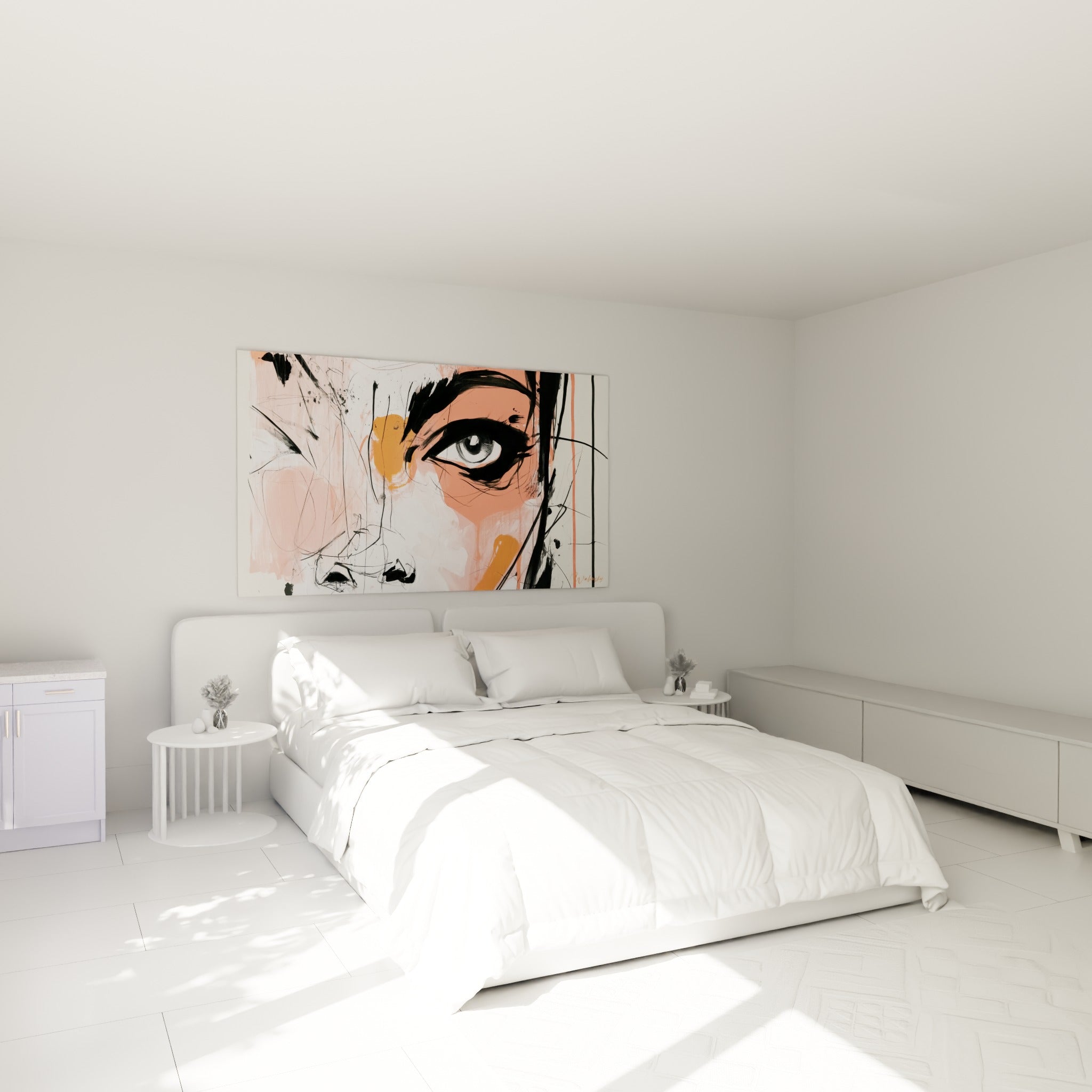 Portrait esquissé corail et noir du visage abstrait, accroché au-dessus d'un lit dans une chambre claire