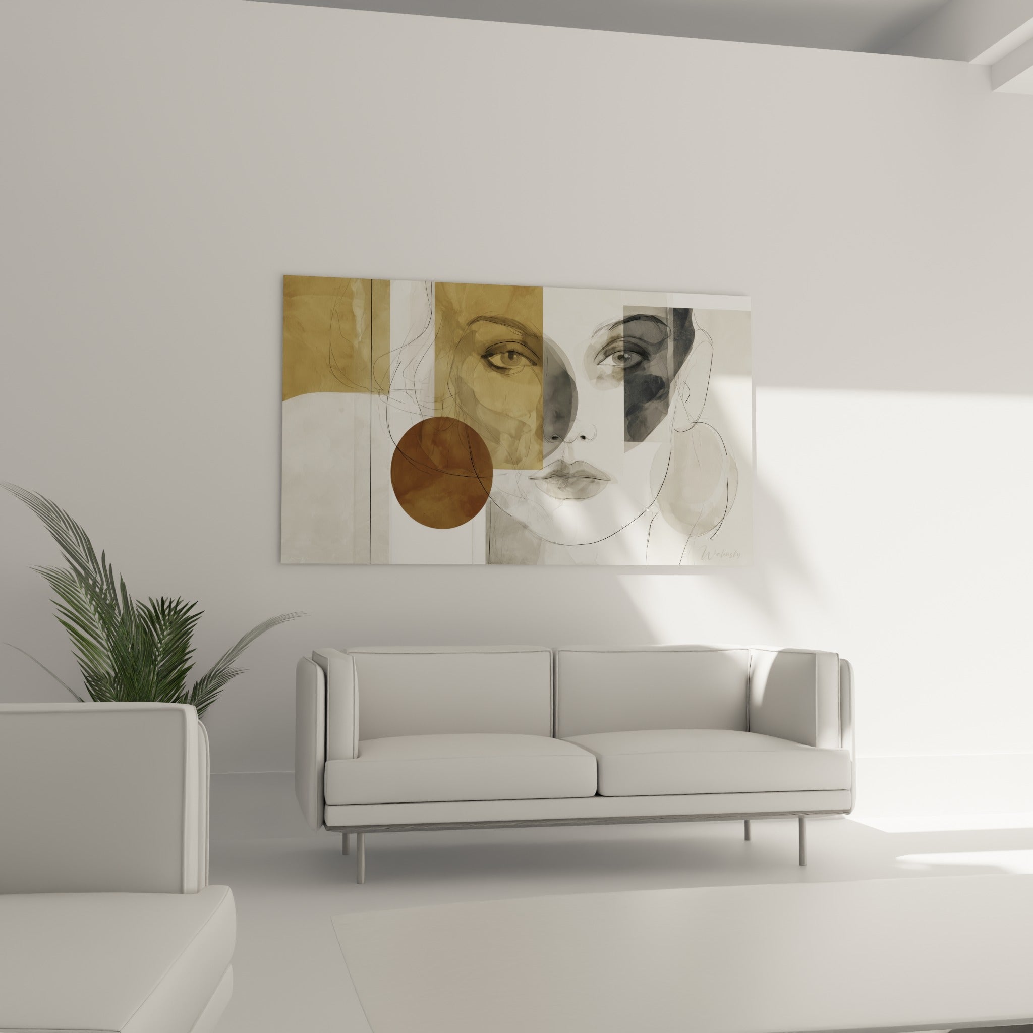 Visage abstrait esquissé aux teintes beige et anthracite trônant au-dessus d'un canapé dans un salon lumineux