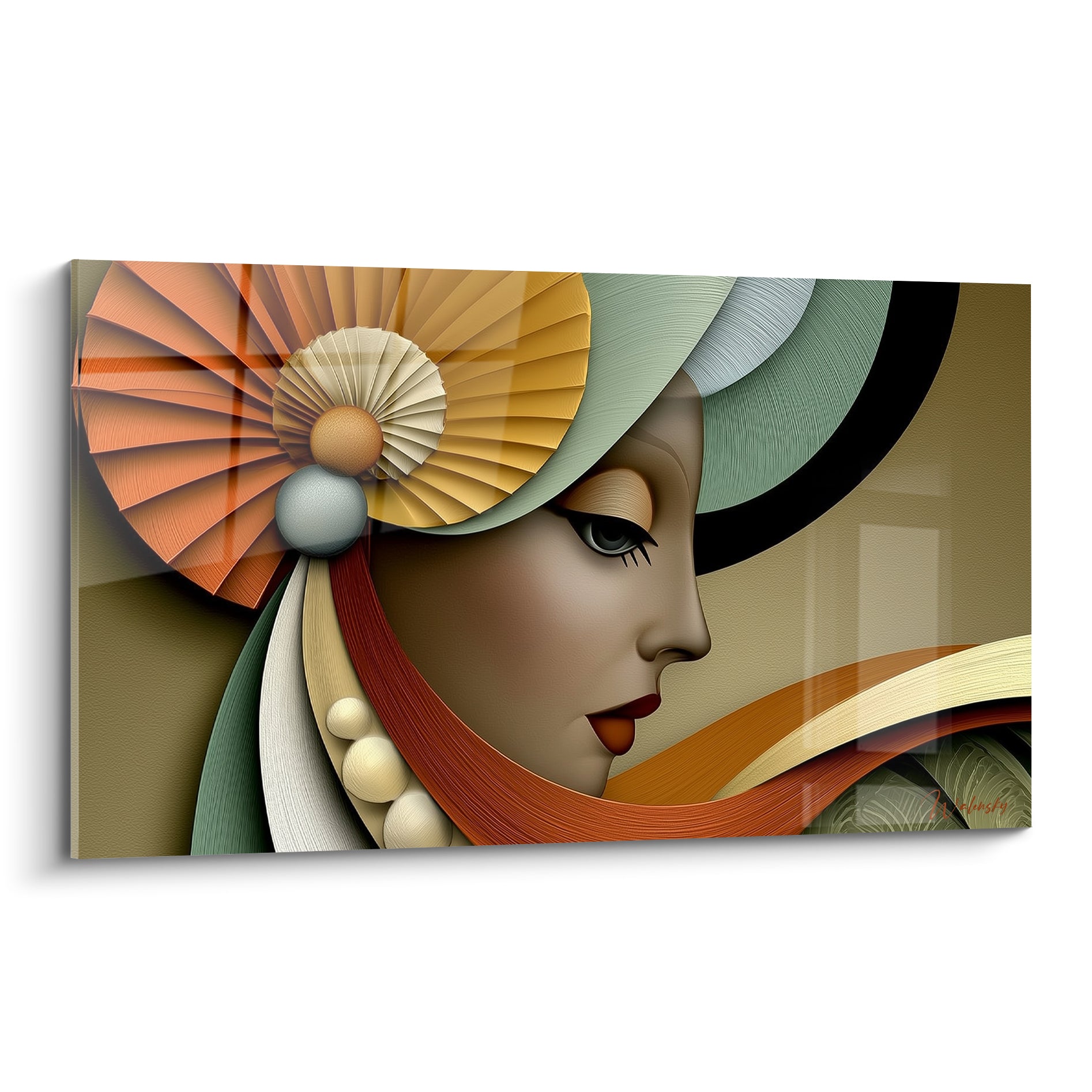 Visage abstrait au chapeau ocre et vert sauge, formes en éventail et mèche terracotta