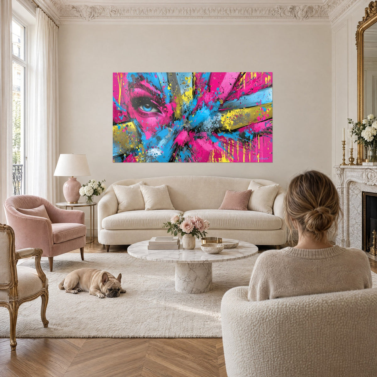 Gemälde Auge mit blauer Iris, von schwarzen Wimpern umrahmt, in rosa, gelben und türkisen Spritzern, eine Frau mit ihrem Bulldogge über einem Sofa in einem hellen Wohnzimmer