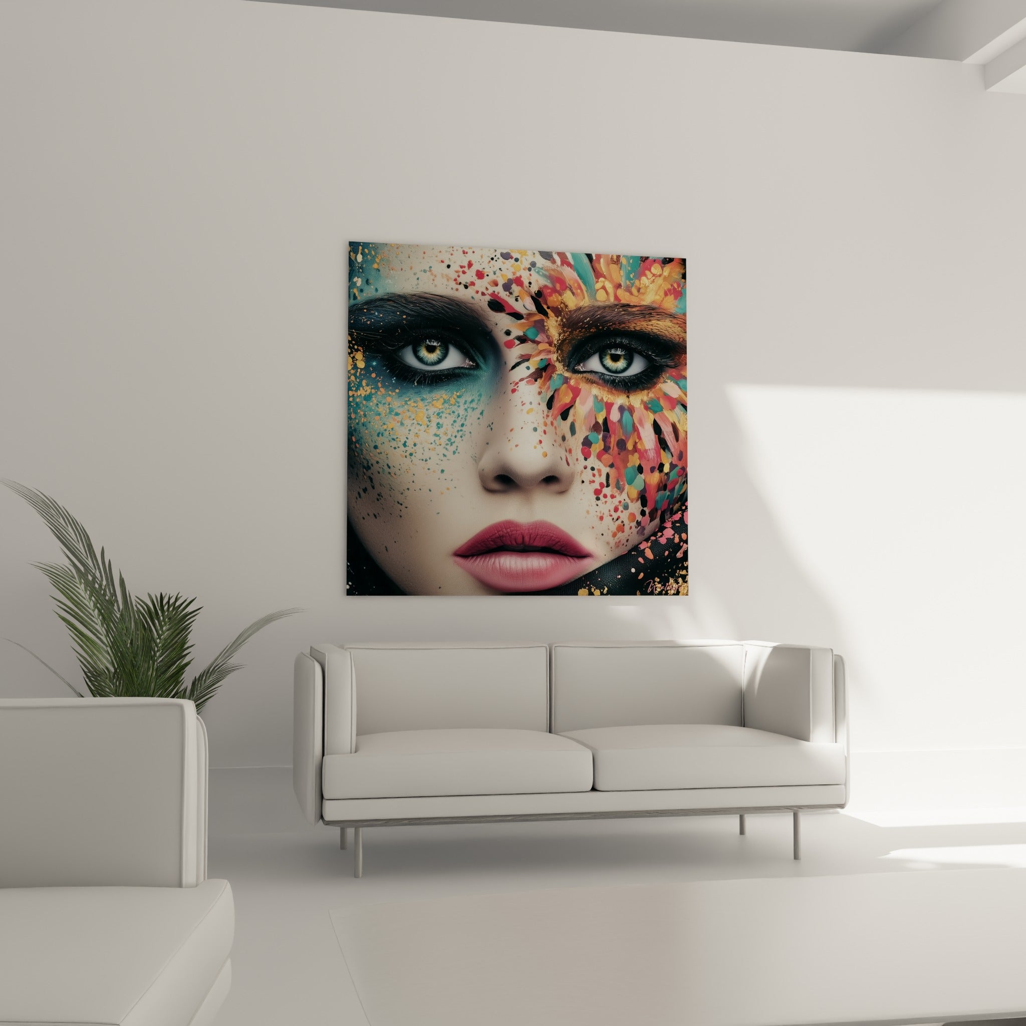 Portrait éclaté doré et rose poudré placé au-dessus d'un canapé dans un salon lumineux